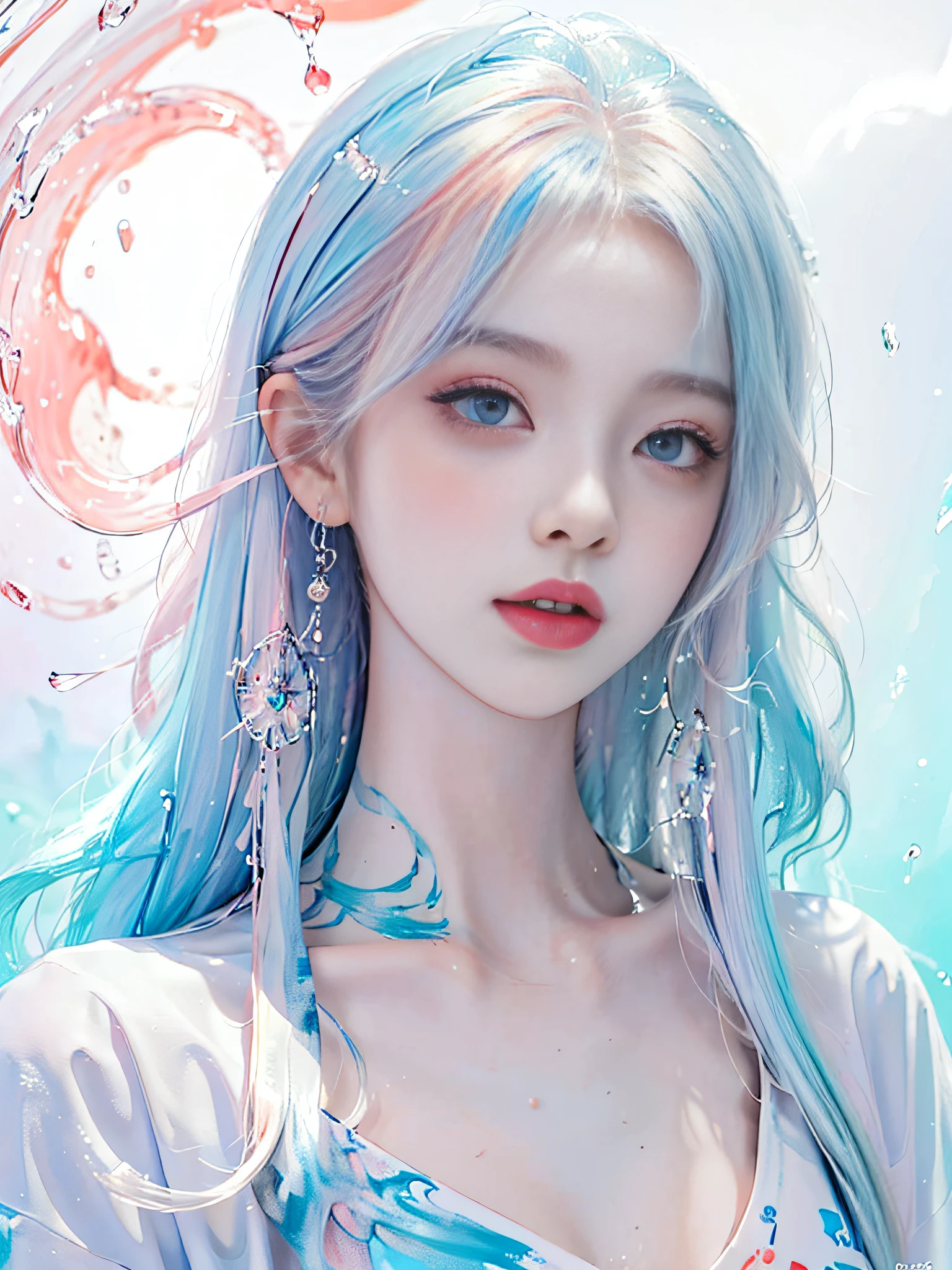 (Masterpiece, Best Quality, High Resolution), White Background, Acrylic Paint, ((Color Splash, Splash of Ink, Color Splash)), Sweet Chinese Girl, Long Light Blue Hair, [Light Blue|Pink] Hair, Curly Hair, Glitter, Peach Lips, White Shirt, Front, Upper Body