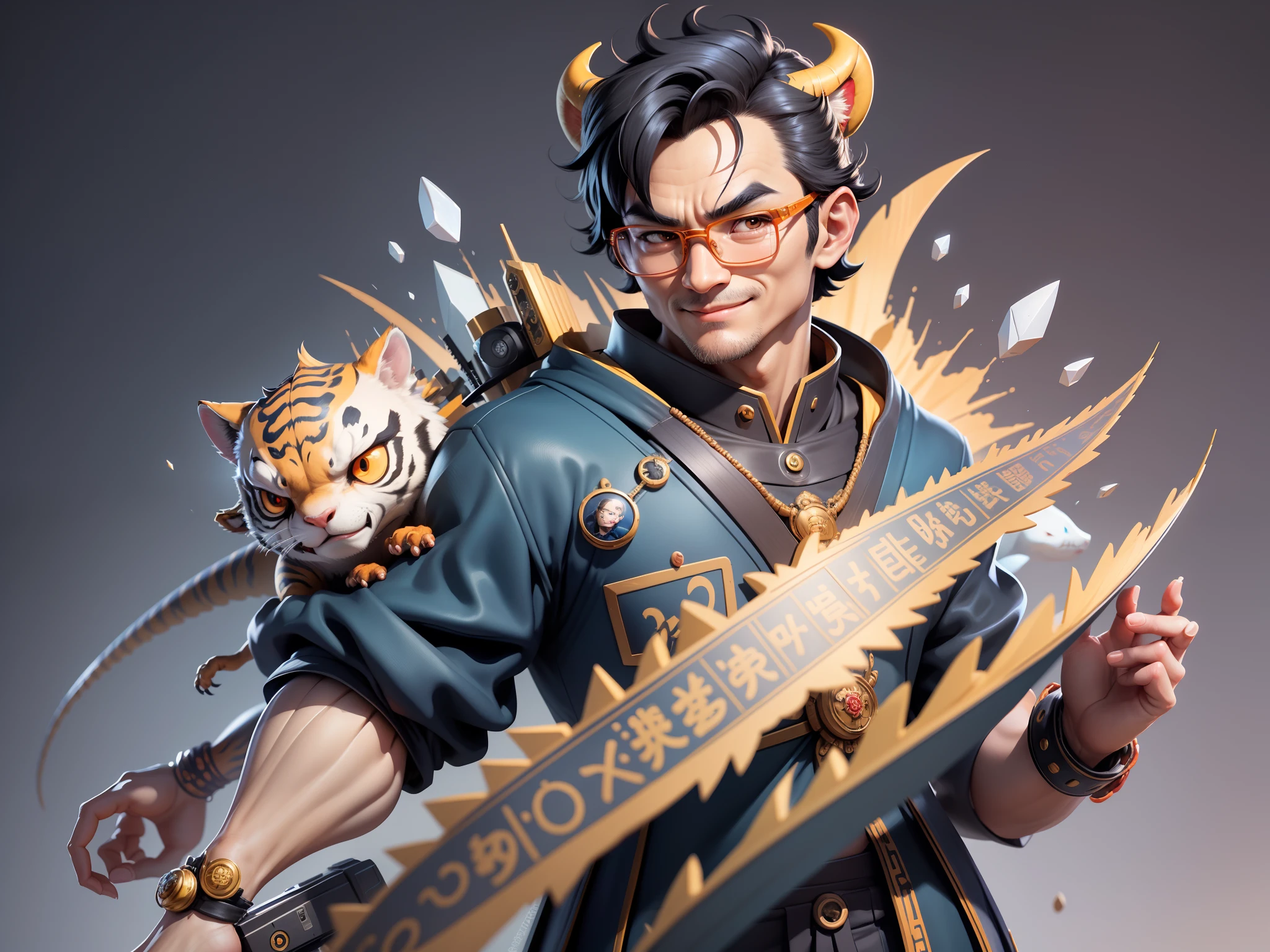 (Masterpiece), (Excellent), (Super Meticulous), (Full Body: 1.2), Super Young Man with Japanese Female Geisha, Pretty, Beautiful, Chinese Dragon, Tiger, Wind God Thor, Sexy, Bursting, Oriental Face, TV Anchor, Bust Portrait Illustration, Black Suit, Blue Tie, Slightly Chubby Face, Silver Glasses, Very Clean Face, No Beard on Chin, Black Super Short Hair, Black Eyes, Confident Smile, 3c Computer Sub-Products, iPad, iPhone, Digital Painting, 3D character design by Mark Clairedon and Pixar and Hayao Miyazaki and Akira Toriyama, the illustrations are HD illustrations in 4K resolution with highly detailed facial features and cartoon-style visuals.