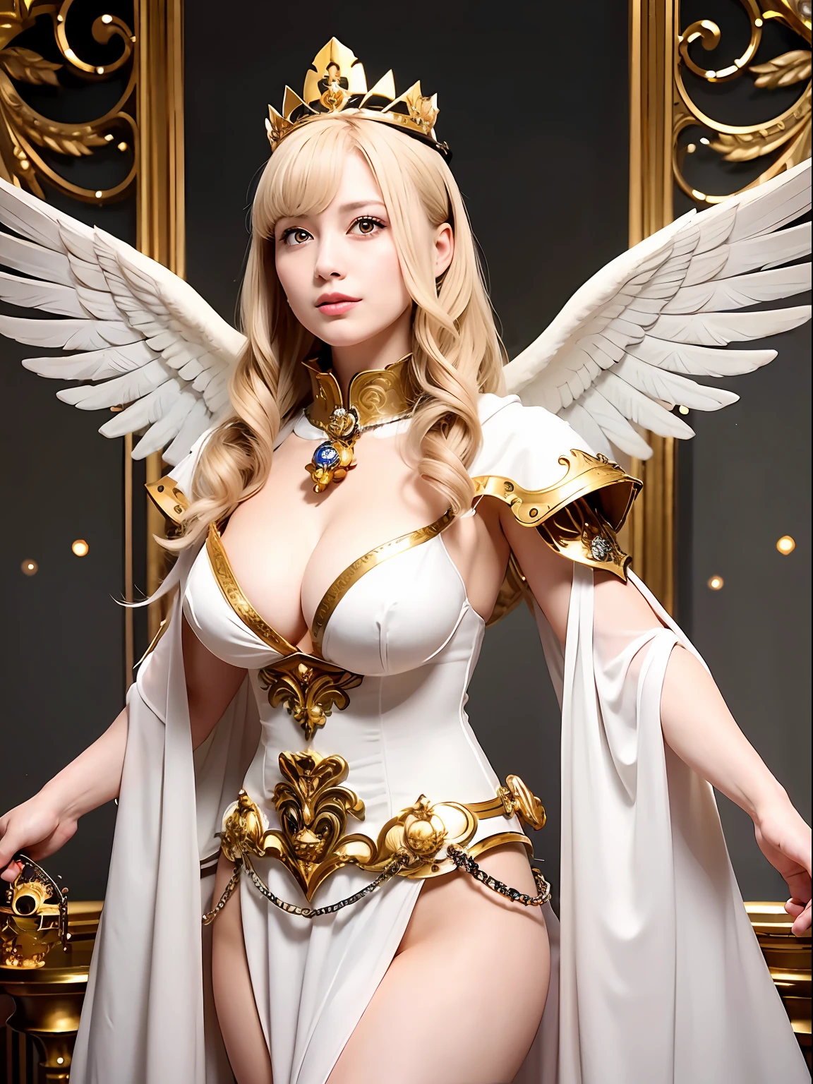 (masutepiece), Professional , ​masterpiece、top-quality、photos realistic , depth of fields （Gemstone Silver Metal Body:1.９),(Matte White、（Interior background of a luxurious castle）、Jewel Gold Weapon、（Flying in the sky),Gorgeous metal weapons,(Detailed and realistic angel white wings) , Detailed Sword of the Brave , Beautiful knife 、delicated face、20 years girl  ,warhammer 40k , adepta sororitas,Detail and ornate jewel crown、a blond、(Gangle's forest background)、Beautiful Caucasian beauty、１a person、dynamic ungle,(((Detailed and ornate diamond crown)))、Smaller head、A smile、Powerful poses、Beautiful thin fingers of a woman、cleavage of the breast、