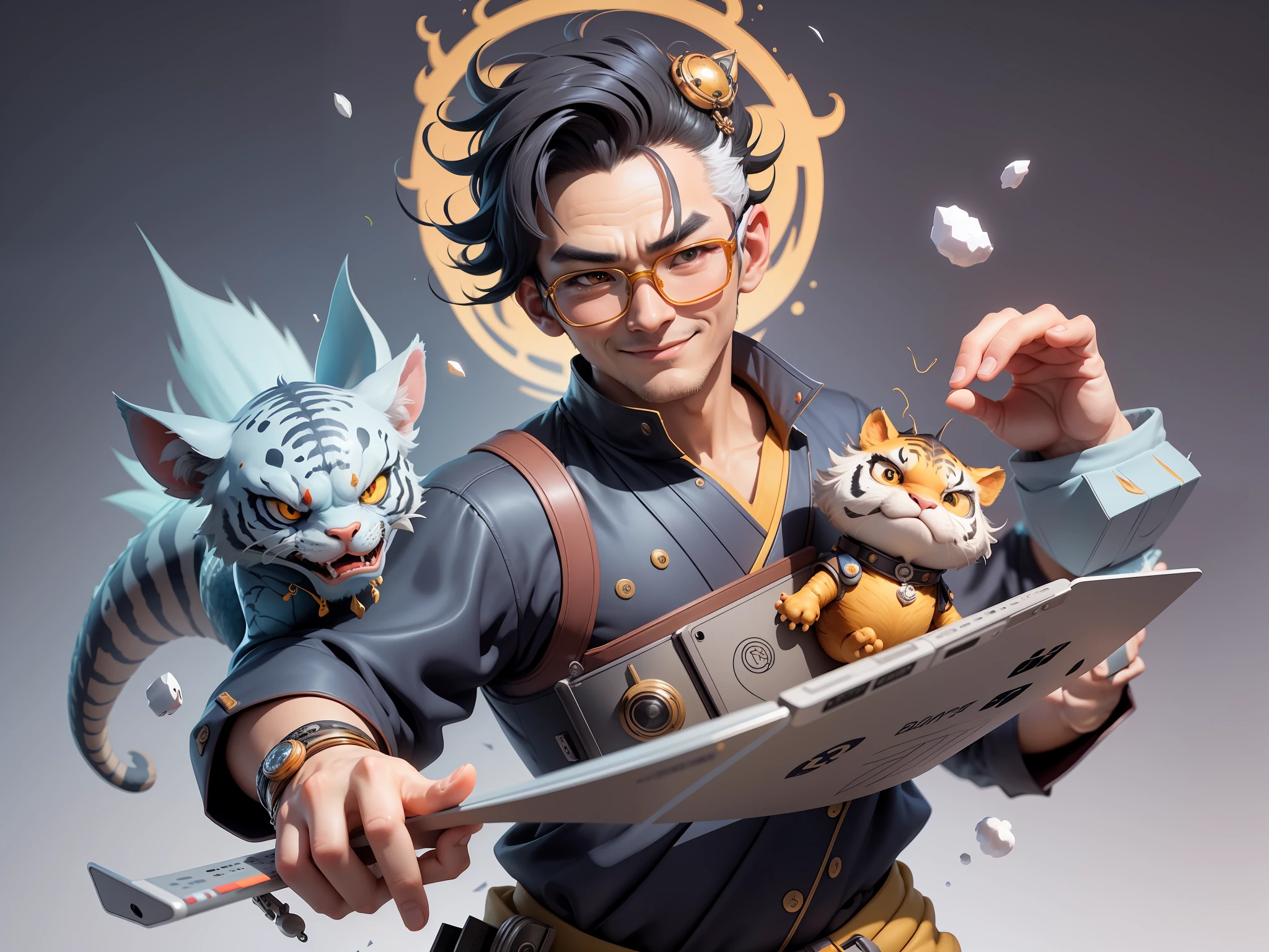 (Masterpiece), (Excellent), (Super Meticulous), (Full Body: 1.2), Super Young Man with Japanese Female Geisha, Pretty, Beautiful, Chinese Dragon, Tiger, Wind God Thor, Sexy, Bursting, Oriental Face, TV Anchor, Bust Portrait Illustration, Black Suit, Blue Tie, Slightly Chubby Face, Silver Glasses, Very Clean Face, No Beard on Chin, Black Super Short Hair, Black Eyes, Confident Smile, 3c Computer Sub-Products, iPad, iPhone, Digital Painting, 3D character design by Mark Clairedon and Pixar and Hayao Miyazaki and Akira Toriyama, the illustrations are HD illustrations in 4K resolution with highly detailed facial features and cartoon-style visuals.