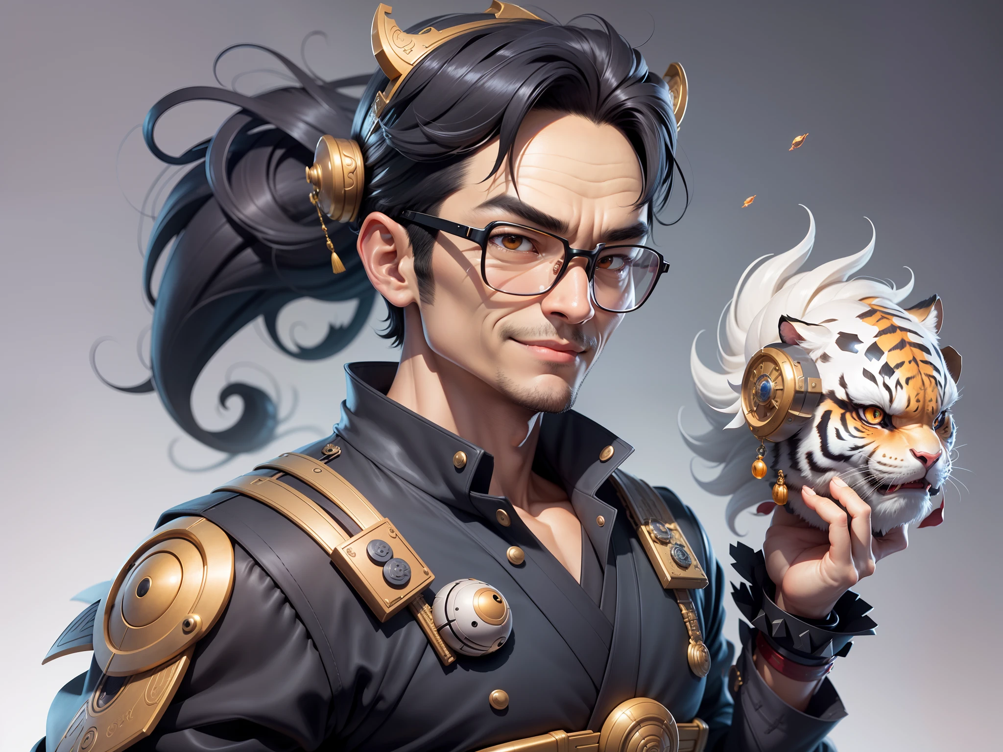(Masterpiece), (Excellent), (Super Meticulous), (Full Body: 1.2), Super Young Man with Japanese Female Geisha, Pretty, Beautiful, Chinese Dragon, Tiger, Wind God Thor, Sexy, Bursting, Oriental Face, TV Anchor, Bust Portrait Illustration, Black Suit, Blue Tie, Slightly Chubby Face, Silver Glasses, Very Clean Face, No Beard on Chin, Black Super Short Hair, Black Eyes, Confident Smile, 3c Computer Sub-Products, iPad, iPhone, Digital Painting, 3D character design by Mark Clairedon and Pixar and Hayao Miyazaki and Akira Toriyama, the illustrations are HD illustrations in 4K resolution with highly detailed facial features and cartoon-style visuals.