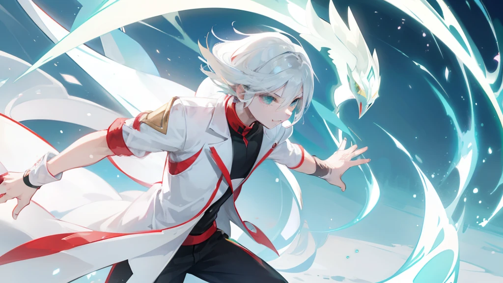 "A young boy with striking white hair, mesmerizing green eyes, and a cool shade embarks on an epic Pokémon adventure alongside the graceful Latias."