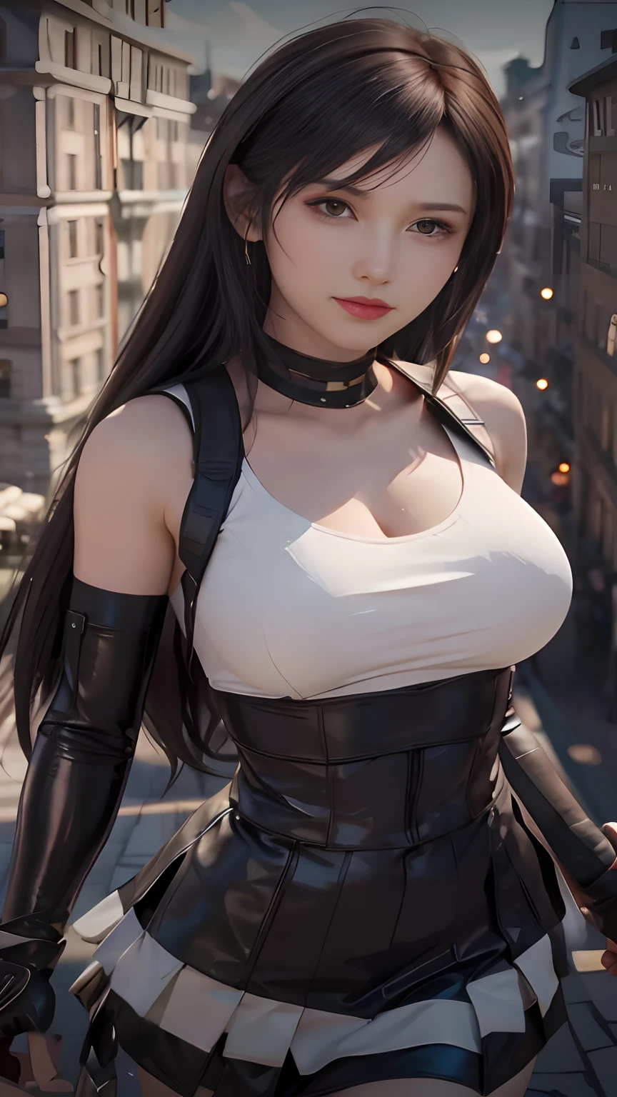 Tifa lockhart, tifa_lockhart, ff7, sultry face, (white tank top:1.2), black miniskirt, (black long hair), hair bangs (red eyes:1.3) long eyelashes, beautiful red eyes with brightness, surrealism, shadow, stereogram, (photorealistic, realistic: 1.2), POV, atmospheric perspective, cinematic lighting, ray tracing, 8k, super detail, best quality, masterpiece, well detailed, (Canan EOS R6, 135mm, 1/1250s, f/2.8, ISO 400:0.9), in a vast field that reaches the sea in the background, sunset sky, birds flying in the sky, (huge breasts:1.5) red combat gloves, suspenders, fishnet stockings, teardrop earings,