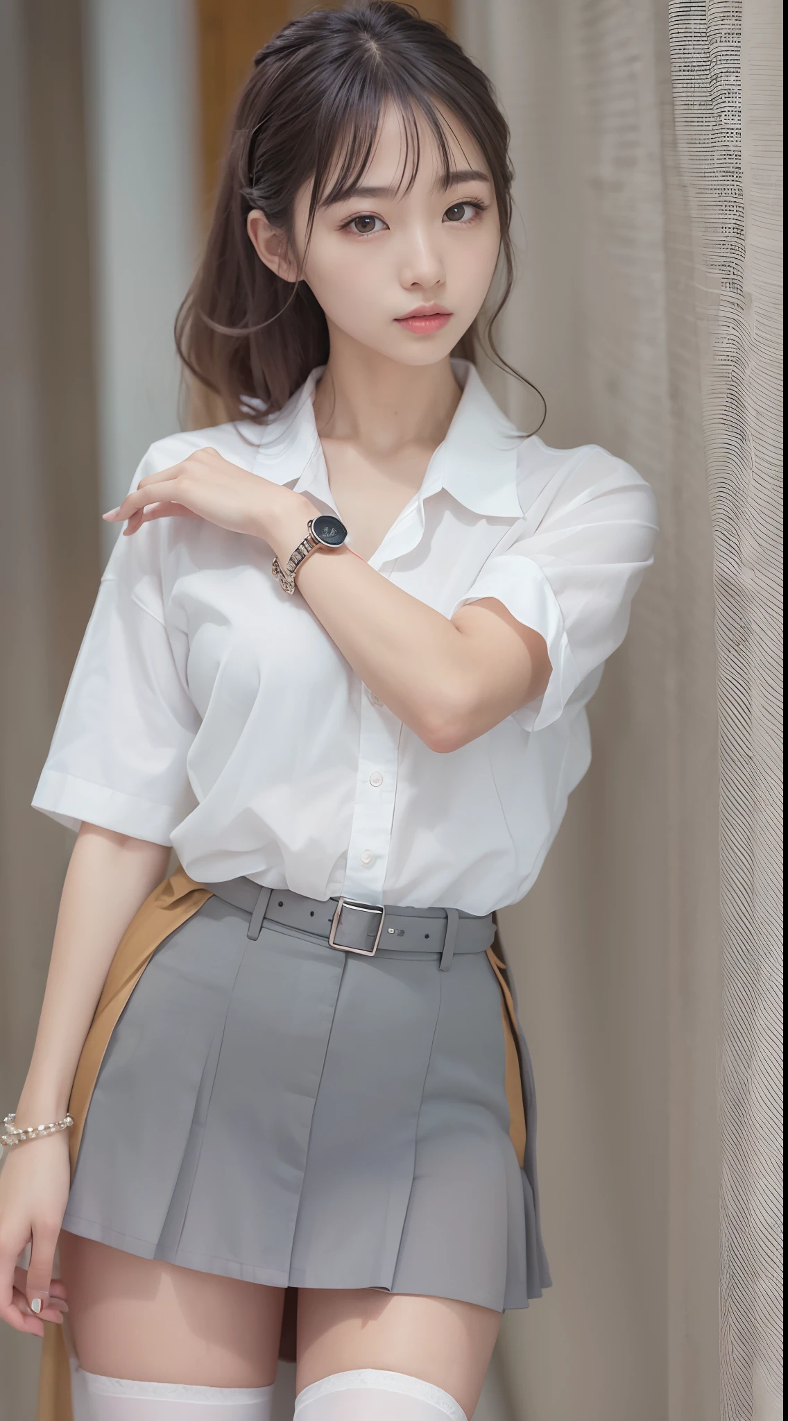 (Super masterpiece、Ultra-realistic、An ultra-high picture quality、超A high resolution、Raw photography、ultra hi definition photo、Focus ultra-sharp)、((Super Lady School Uniform))、a japanese beauty woman、、Super beautiful idol face、二重まぶた、beautidful eyes、Super perfect proportions、Beautiful skin、Beautiful chest、Toned waist、thin arm、Thin leg