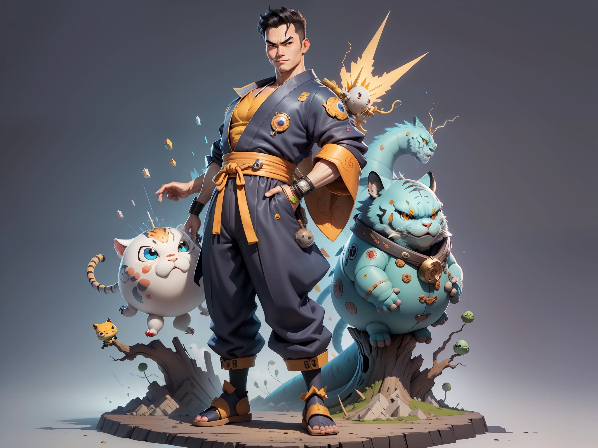 (Masterpiece), (Excellent), (Super Meticulous), (Full Body: 1.2), Super Young Man, Oriental Face, Japanese Kimono, Japanese Wind Thunder God, Dragon, Tiger, TV Anchor, Bust Portrait Illustration, Alone, Black Suit, Blue Tie, Slightly Chubby Face, Very Clean Face, No Beard, Black Super Short Hair, Black Eyes, Confident Smile, 3c Computer Sub-Products, iPad, iPhone, Digital Painting, 3D Character Design by Akira Toriyama and Mark Claireden and Pixar and Hayao Miyazaki, The illustration is a high-definition illustration in 4K resolution with very detailed facial features and cartoon-style visuals.