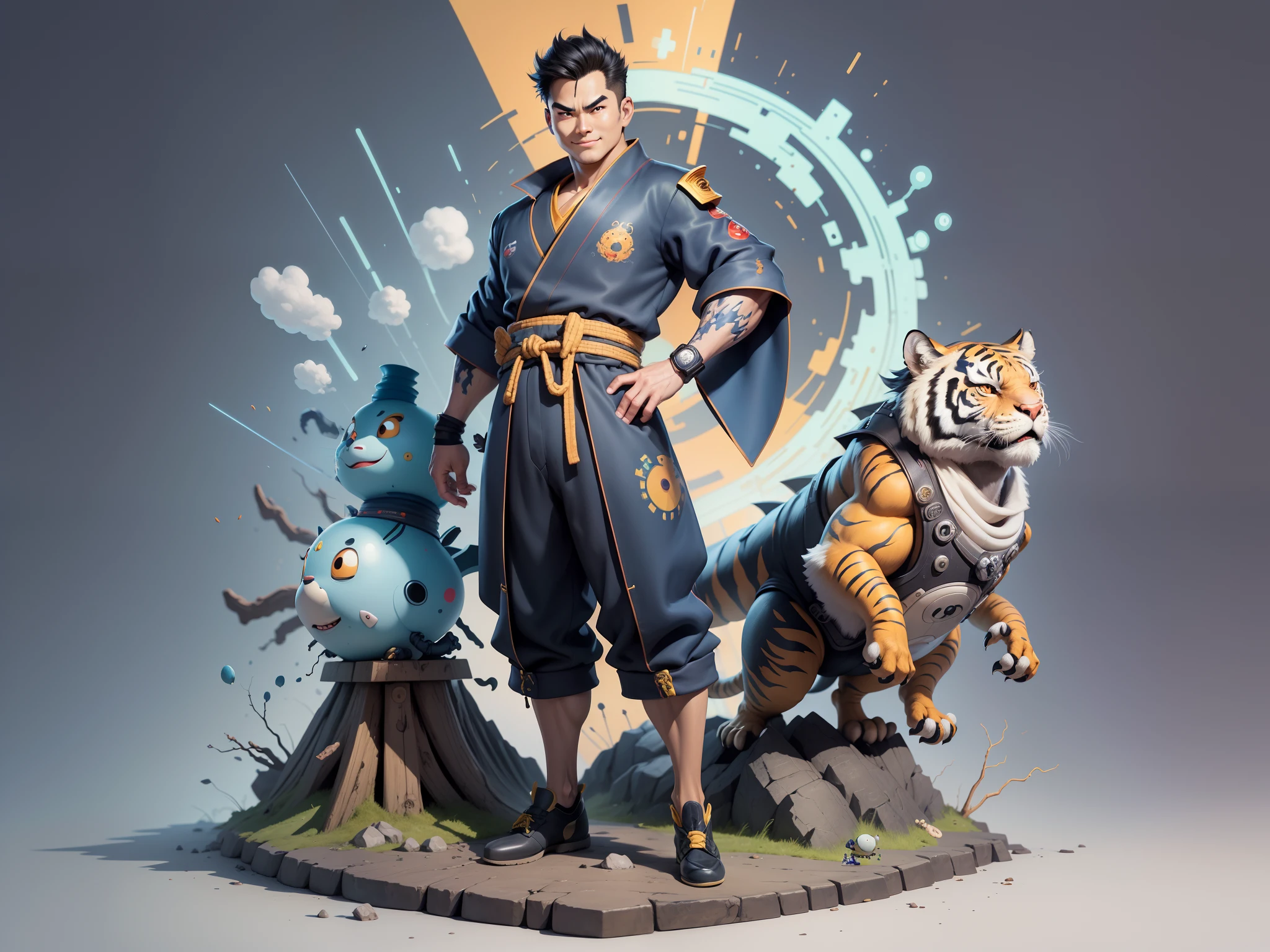 (Masterpiece), (Excellent), (Super Meticulous), (Full Body: 1.2), Super Young Man, Oriental Face, Japanese Kimono, Japanese Wind Thunder God, Dragon, Tiger, TV Anchor, Bust Portrait Illustration, Alone, Black Suit, Blue Tie, Slightly Chubby Face, Very Clean Face, No Beard, Black Super Short Hair, Black Eyes, Confident Smile, 3c Computer Sub-Products, iPad, iPhone, Digital Painting, 3D Character Design by Akira Toriyama and Mark Claireden and Pixar and Hayao Miyazaki, The illustration is a high-definition illustration in 4K resolution with very detailed facial features and cartoon-style visuals.