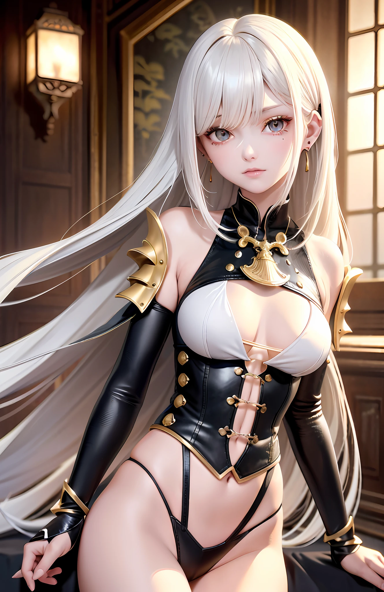 optimum,tmasterpiece,A high resolution,best qualtiy,hyper HD,super detailing,Award-Awarded,16k,独奏,(The upper part of the body),anatomy correct,Beautiful steampunk girl,Lady Knight,cute face,high light,Gradient Beige Hair,Hairline,((Scarlet eyes)),long eyelasher,Hanging eye corners,White skin of the,(small boobs),(Slim body),((Metal cuirass uniform)),((Metal arm armor)),(),ear studs,(neck rings),(Metal Material Apparel:1.2)