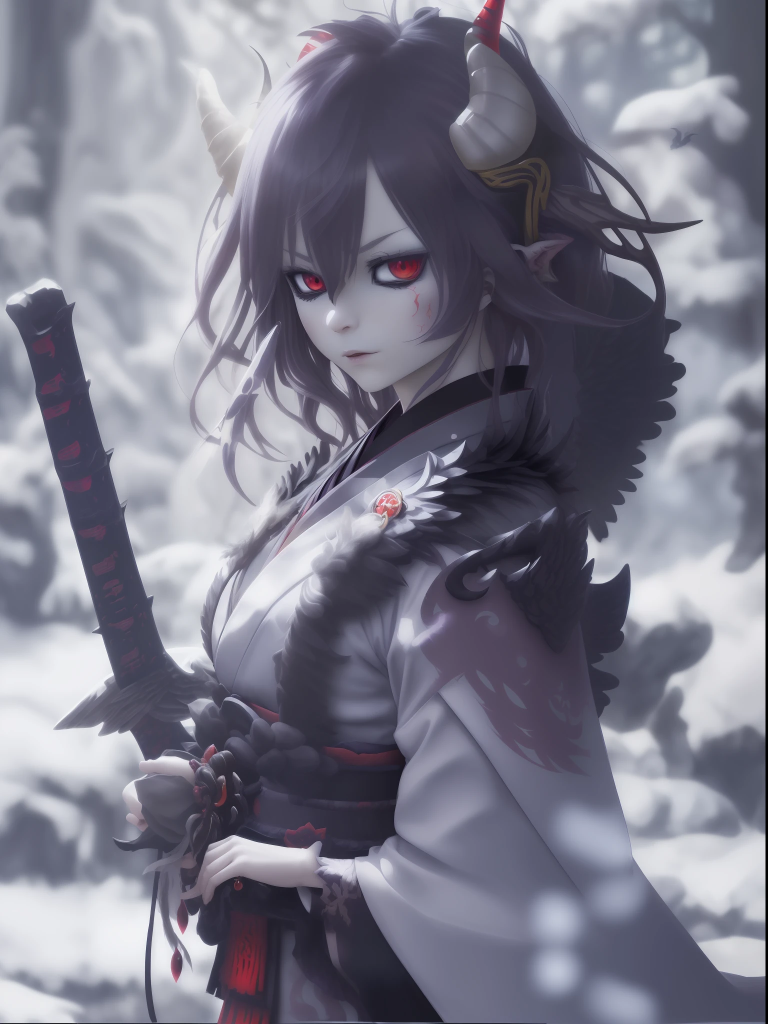 ((Dämonenengel+demon wings+demon horn) & (kimono+samurai)) | verschneiter wald