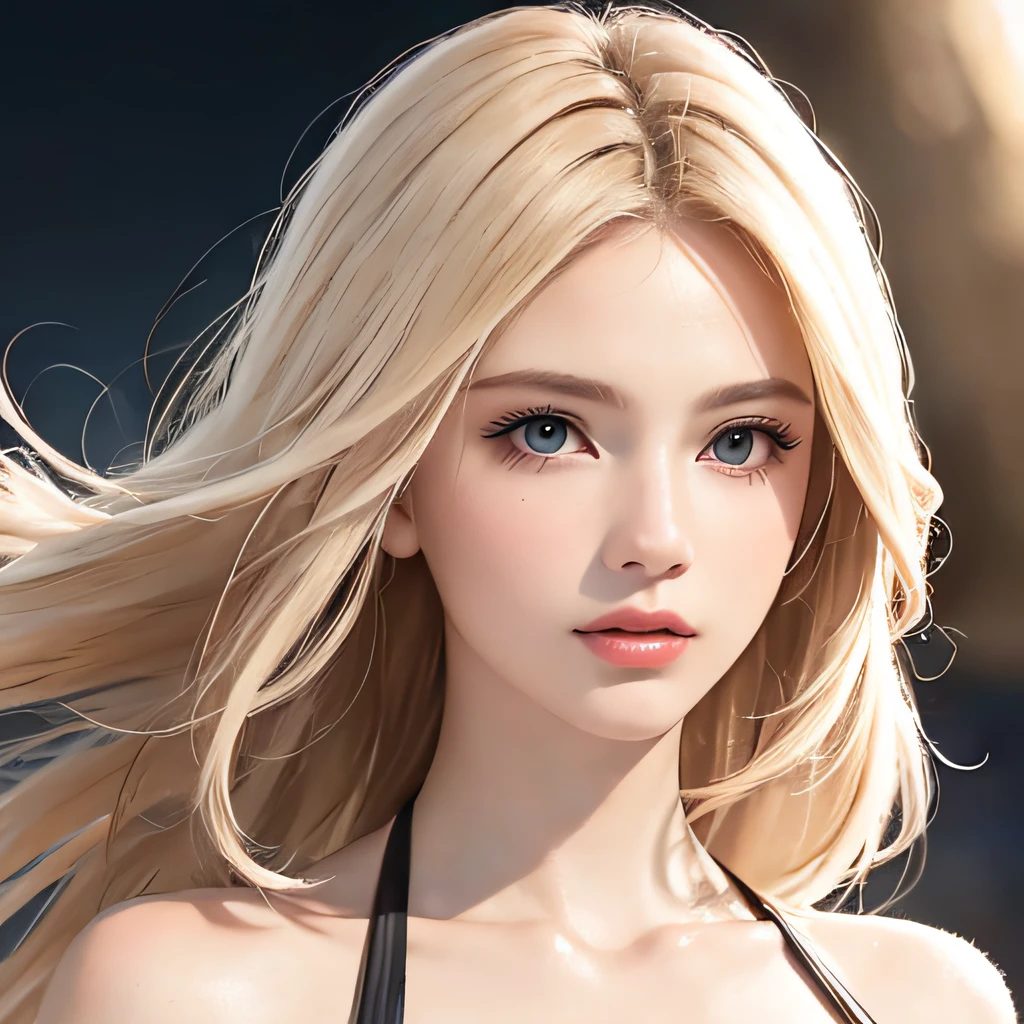 (8K, RAW Photos, of the highest quality, Masterpieces: 1.2), (Realistic, Photorealistic: 1.37), Highest Quality, Ultra High Resolution, light  leaks, Dynamic lighting, Slim and smooth skin, (Full body:1.3), (Soft Saturation: 1.6), (Fair skin: 1.2), (Glossy skin: 1.1), Oiled skin, 22 years old, Night, shiny white blonde, Well-formed, Hair fluttering in the wind, Close-up shot of face only, Physically Based Rendering, From multiple angles, The bikini