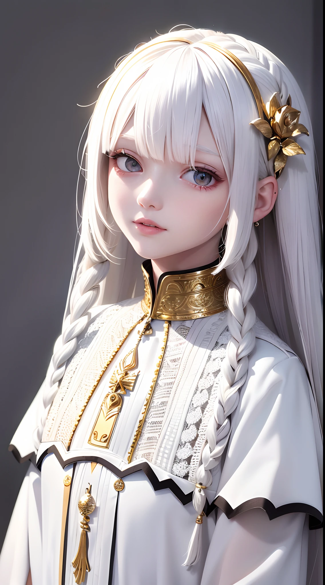 best quality, masterpiece,white hair, gold eyes,white clothes, looking up, upper body,hair strand,Fair skin,side braids