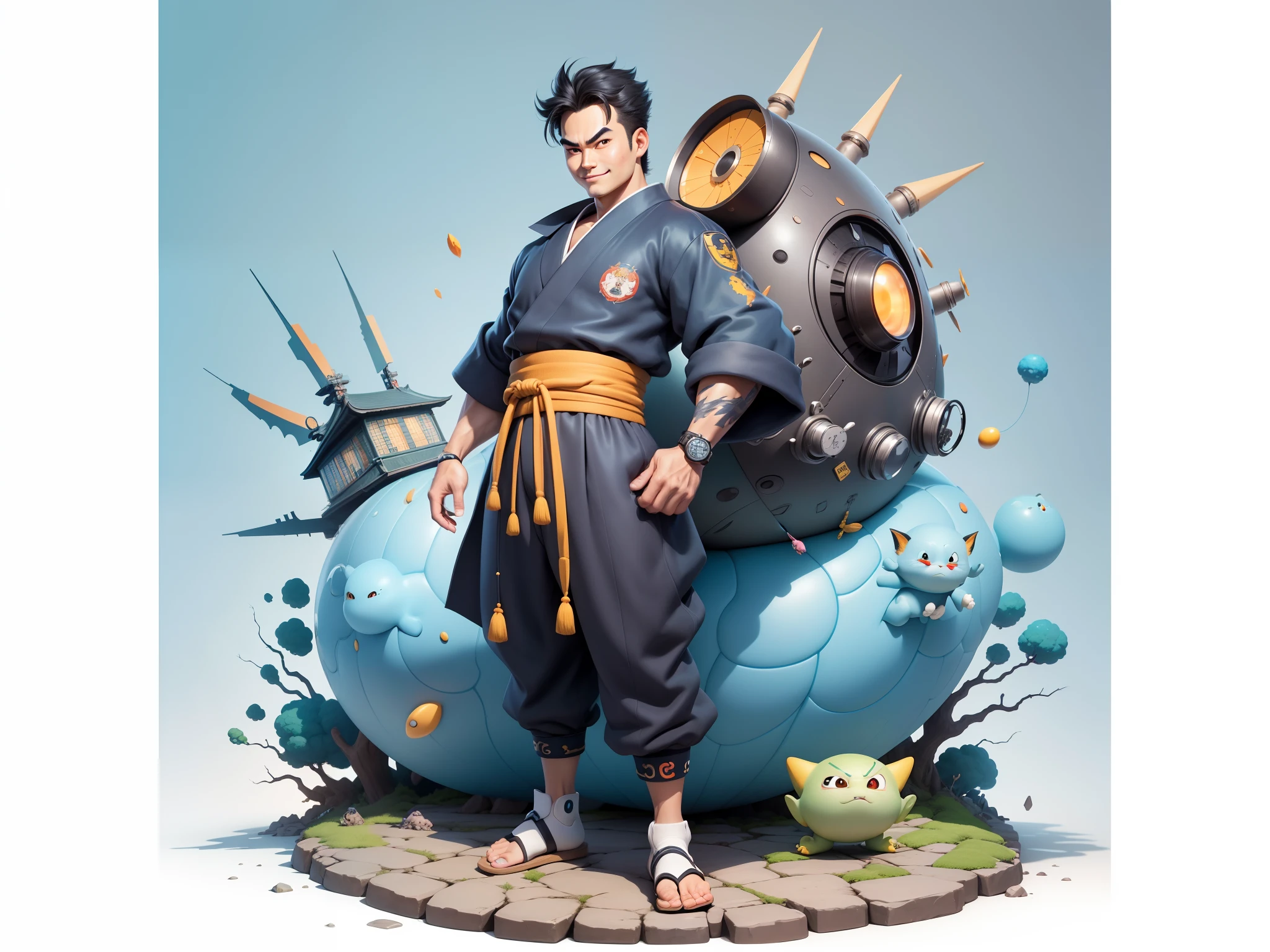 (Masterpiece), (Excellent), (Super Meticulous), (Full Body: 1.2), Super Young Man, Oriental Face, Japanese Kimono, Japanese Wind Thunder God, Dragon, Tiger, TV Anchor, Bust Portrait Illustration, Alone, Black Suit, Blue Tie, Slightly Chubby Face, Very Clean Face, No Beard, Black Super Short Hair, Black Eyes, Confident Smile, 3c Computer Sub-Products, iPad, iPhone, Digital Painting, 3D Character Design by Akira Toriyama and Mark Claireden and Pixar and Hayao Miyazaki, The illustration is a high-definition illustration in 4K resolution with very detailed facial features and cartoon-style visuals.