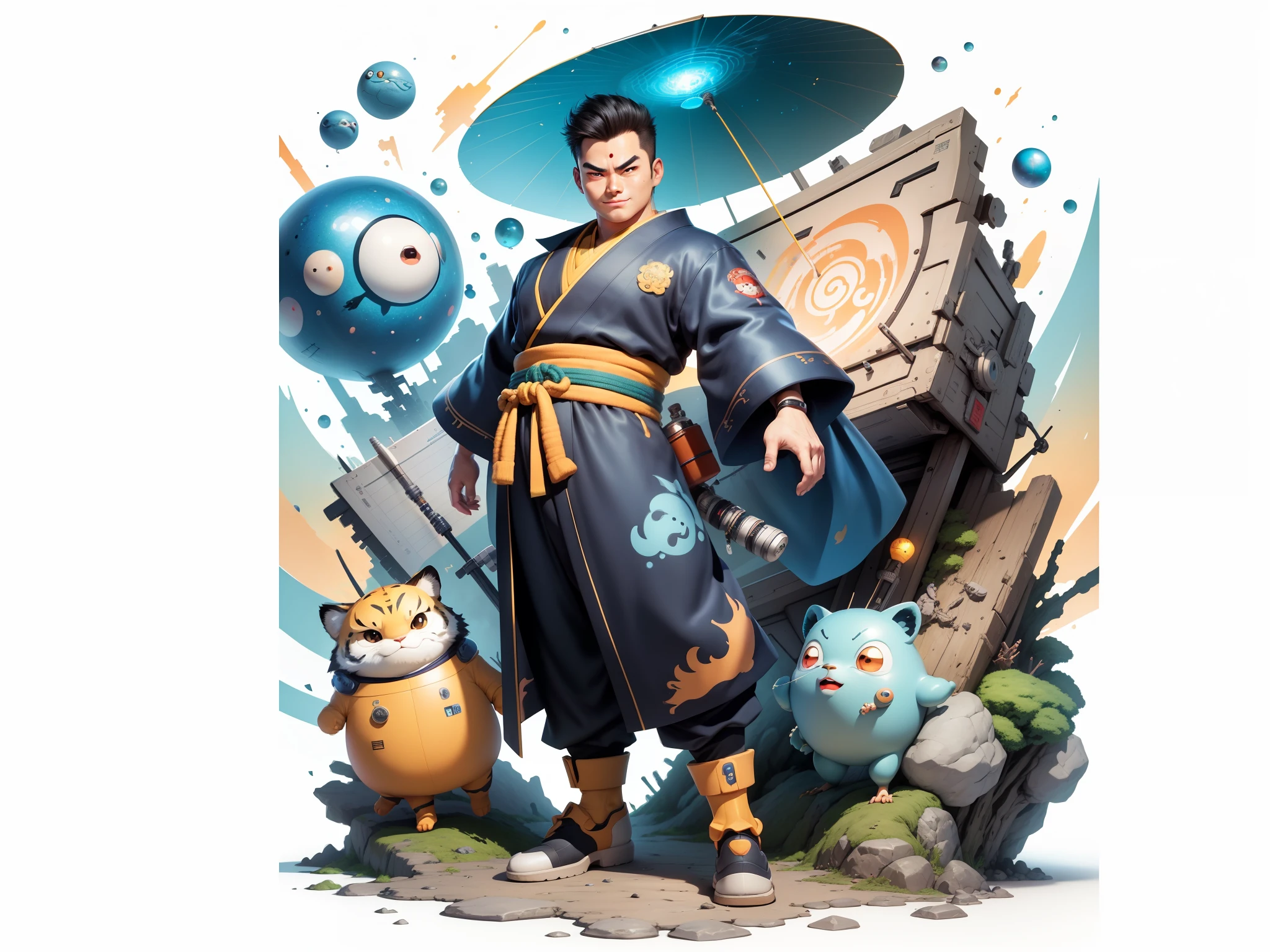 (Masterpiece), (Excellent), (Super Meticulous), (Full Body: 1.2), Super Young Man, Oriental Face, Japanese Kimono, Japanese Wind Thunder God, Dragon, Tiger, TV Anchor, Bust Portrait Illustration, Alone, Black Suit, Blue Tie, Slightly Chubby Face, Very Clean Face, No Beard, Black Super Short Hair, Black Eyes, Confident Smile, 3c Computer Sub-Products, iPad, iPhone, Digital Painting, 3D Character Design by Akira Toriyama and Mark Claireden and Pixar and Hayao Miyazaki, The illustration is a high-definition illustration in 4K resolution with very detailed facial features and cartoon-style visuals.