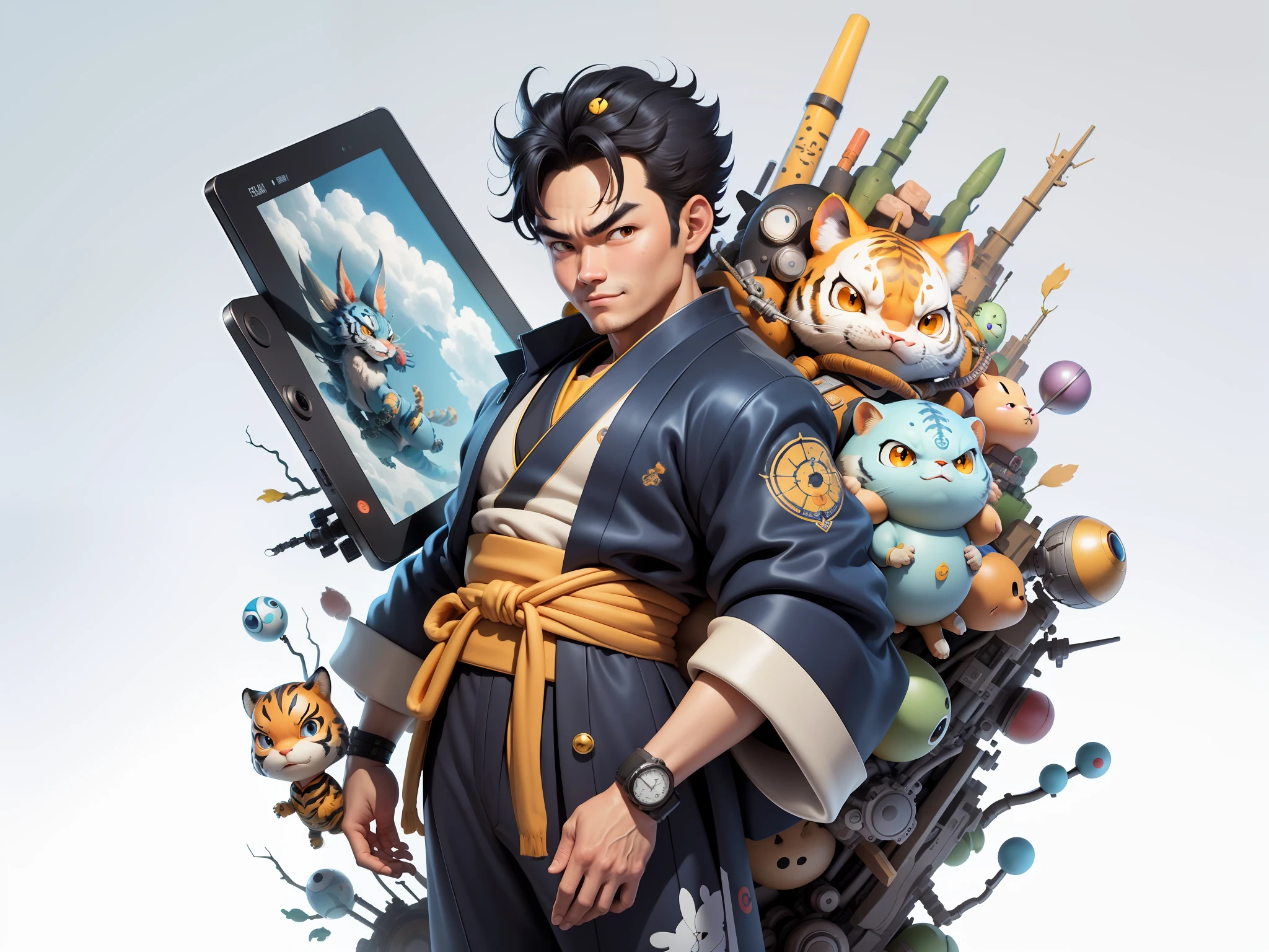 (Masterpiece), (Excellent), (Super Meticulous), (Full Body: 1.2), Super Young Man, Oriental Face, Japanese Kimono, Japanese Wind Thunder God, Dragon, Tiger, TV Anchor, Bust Portrait Illustration, Alone, Black Suit, Blue Tie, Slightly Chubby Face, Very Clean Face, No Beard, Black Super Short Hair, Black Eyes, Confident Smile, 3c Computer Sub-Products, iPad, iPhone, Digital Painting, 3D Character Design by Akira Toriyama and Mark Claireden and Pixar and Hayao Miyazaki, The illustration is a high-definition illustration in 4K resolution with very detailed facial features and cartoon-style visuals.