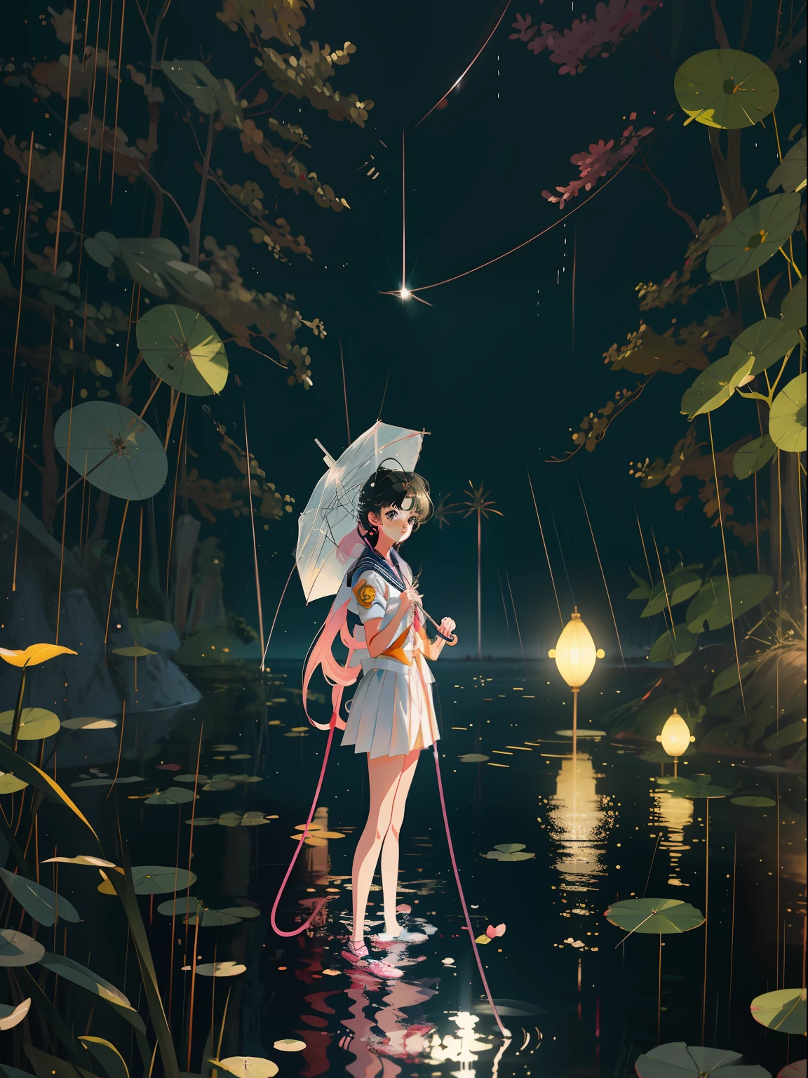 anime characters of a girl and in a sailor suit, standing in the rain with umbrella, splash art anime ****, sailor moon style, inspired by Sailor Moon, realistic anime 3 d style, cute digital art, anime styled 3d, 8k, cute artwork, anime style illustration, kawaii rainy gloomy, 4k, masterpiece, original art, beautiful lighting, light streams, caustics,lilypads, zeiss, sigma, photography, canon 5d