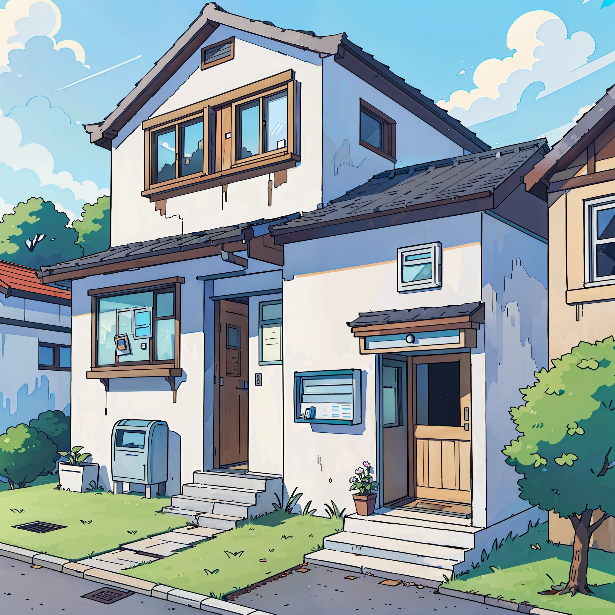 (best-quality:0.8), (best-quality:0.8), (((no humans))), broken introspective perfect anime illustration, front view, a house with a small letter box in front