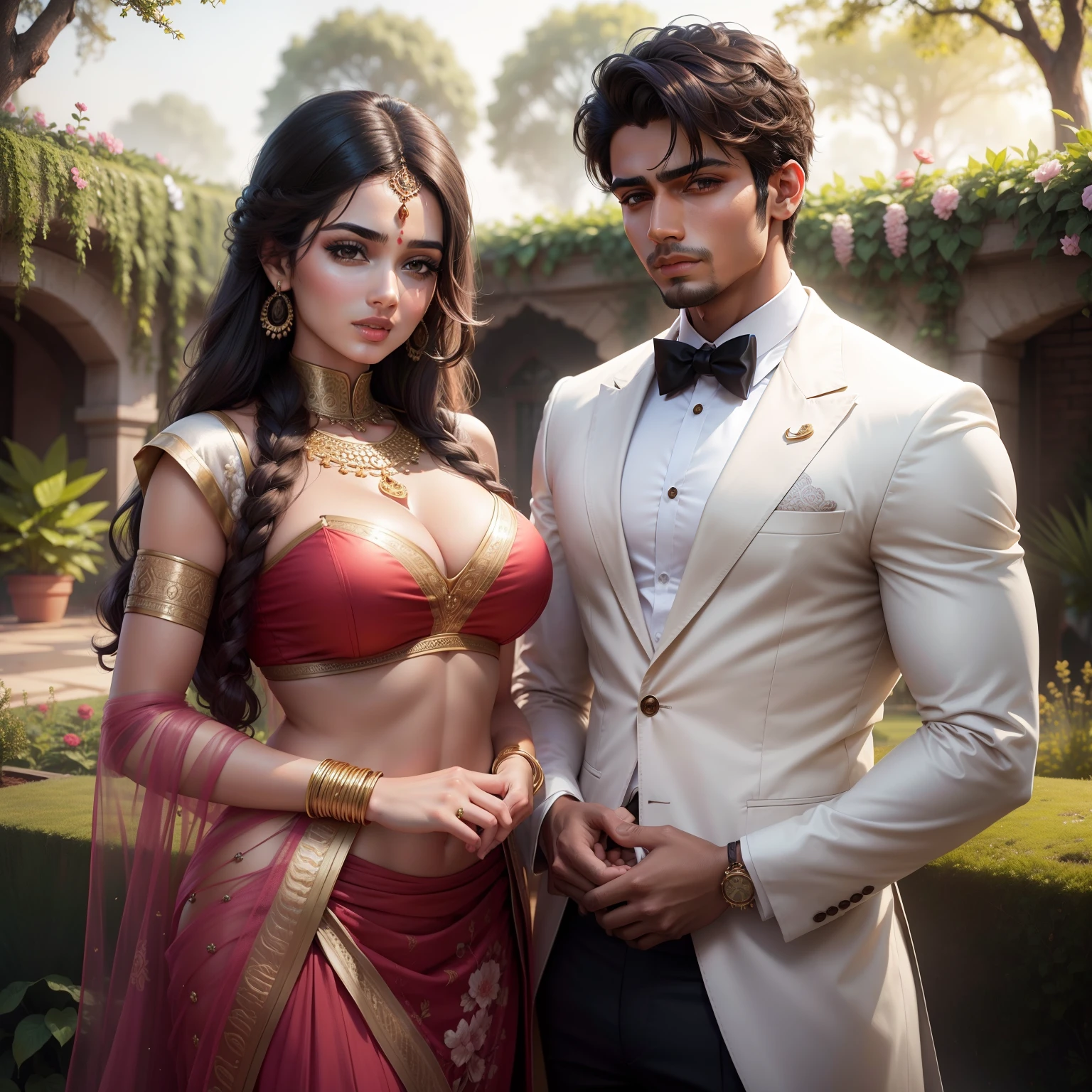 Handsome Indian boy and beautiful girl in modern outfit,big breasts,romancing in a garden, hyper realistic 4k