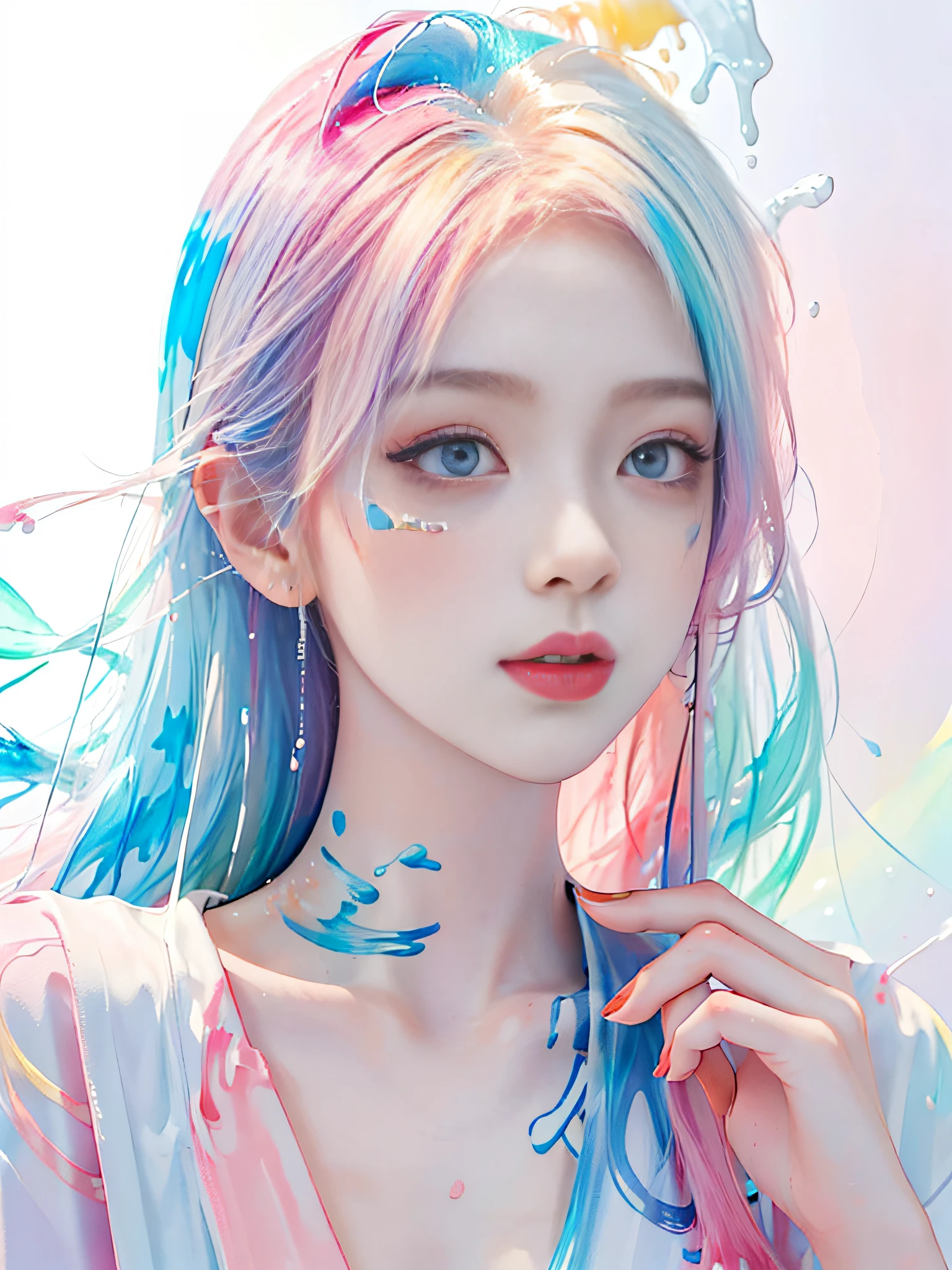 (Masterpiece, Best Quality, High Resolution), White Background, ((Paint Splash, Color Splash, Splash of Ink, Color Splash)),, Sweet Chinese Girl, Rainbow Hair, Peach Lips, Front, Upper Body