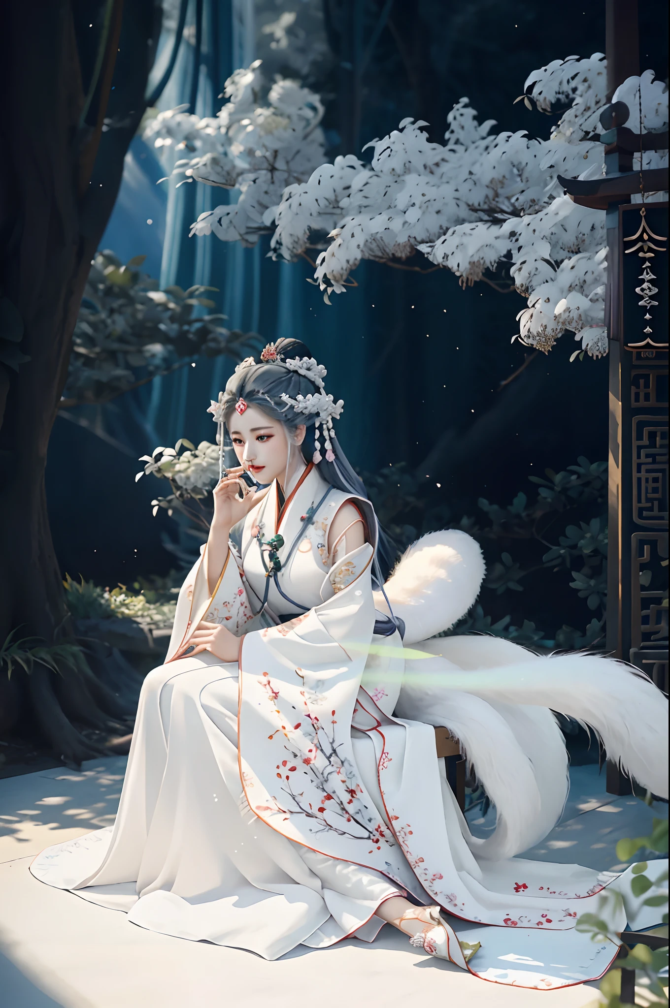 Woman in white dress，Nine-tailed foxtail, xianxia fantasy, White Hanfu, Palace ， A girl in Hanfu, Ethereal fantasy, a beautiful fantasy empress, Ethereal beauty, , ((a beautiful fantasy empress)), Chinese fantasy, full-body xianxia, Hanfu, Xianxia, Ethereal tail