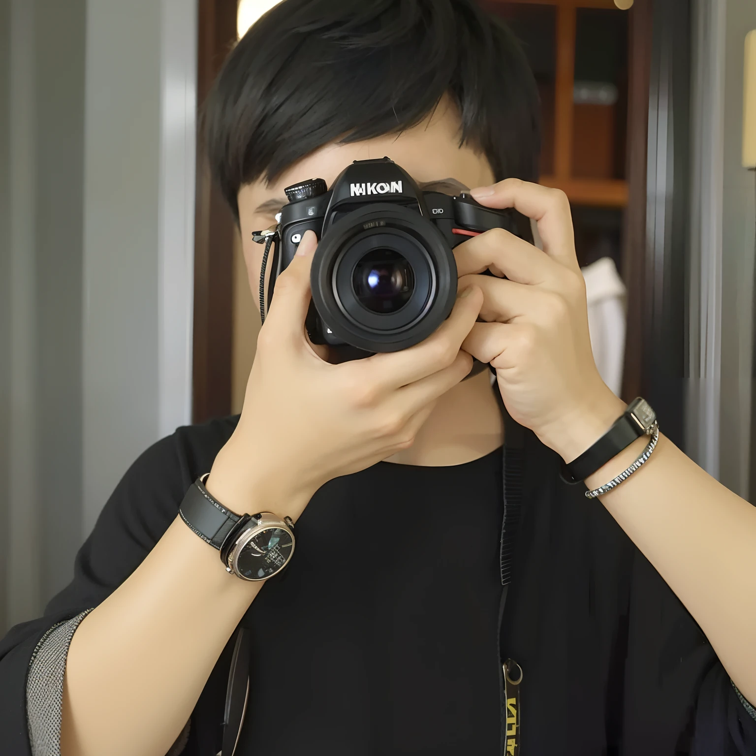 Japanese  boy takes pictures of himself with a camera, 38mm photography, Handheld Nikon camera, 38mm photograhpy, 30mm photography, holding a camera, Profesional photogarpher, Photography], 35mm —W 1920 —H 1080, photography 50mm f1.4, casual photography
