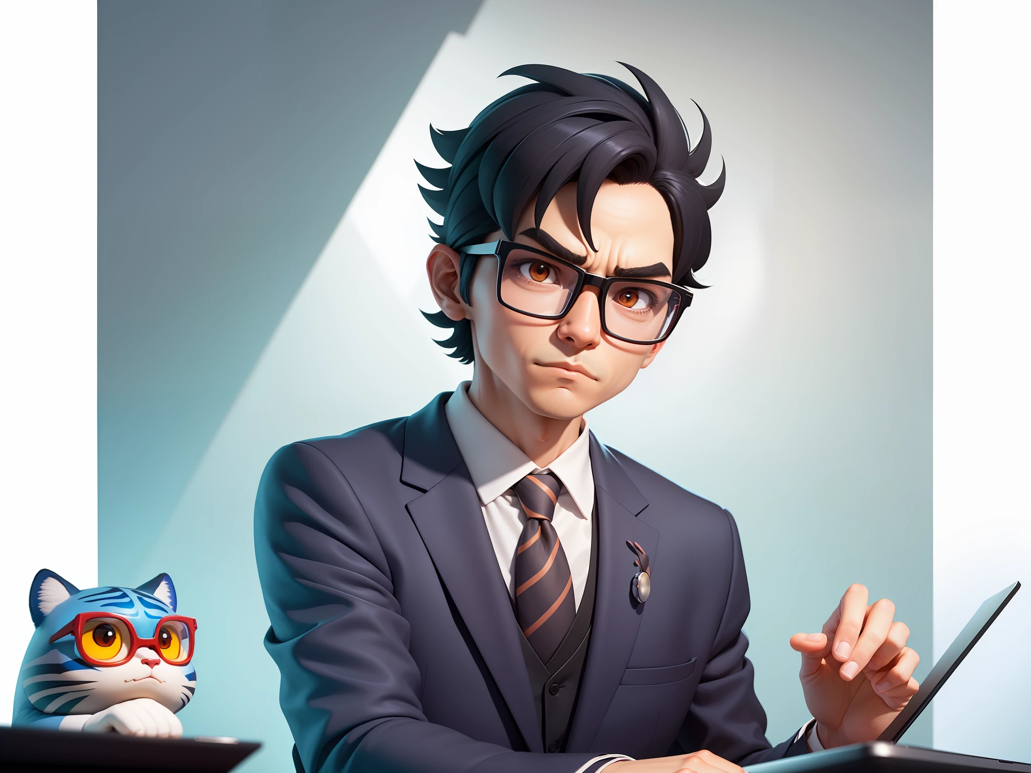 A young man in a suit, Short hair and glasses sat at his desk,holding laptop,digitial painting,tigre,3D character design by Mark Clairen and Pixar and Hayao Miyazaki and Akira Toriyama,4K HD illustration,Very detailed facial features and cartoon-style visuals。