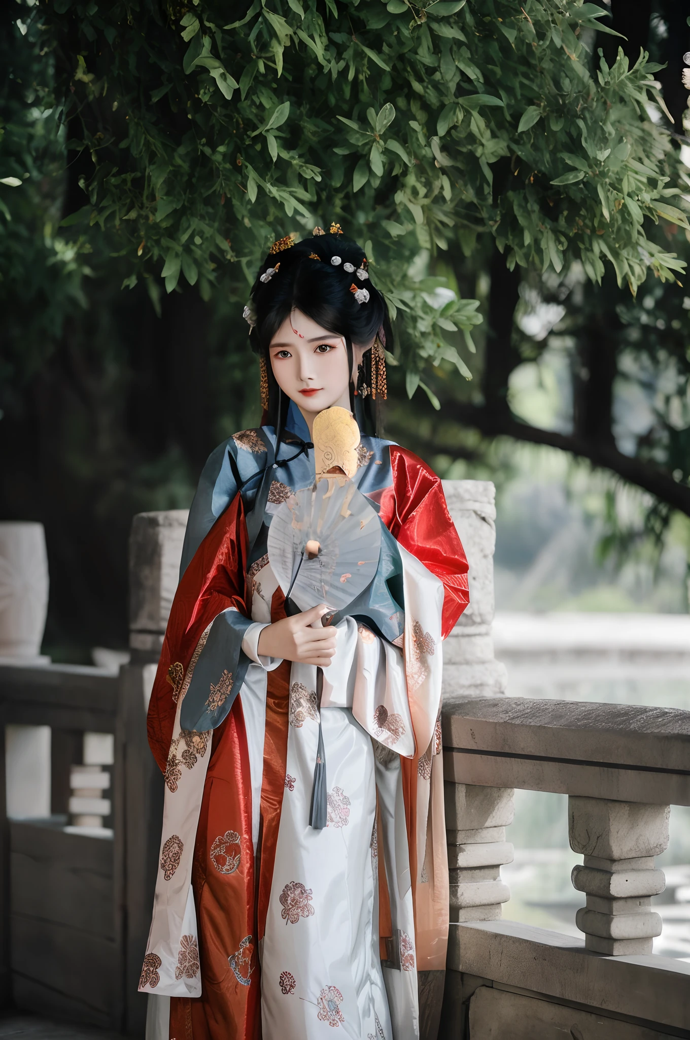An Arapei woman in traditional dress holds a fan and looks at the camera, Palace , A girl in Hanfu, Wearing ancient Chinese clothes, Hanfu, Traditional Chinese clothing, Chinese costume, with acient chinese clothes, Princesa chinesa antiga, Chinese traditional, White Hanfu, Chinese style, wearing ornate silk clothes, ancient china art style, Chinese dress, ancient chinese beauti,eyes with brightness