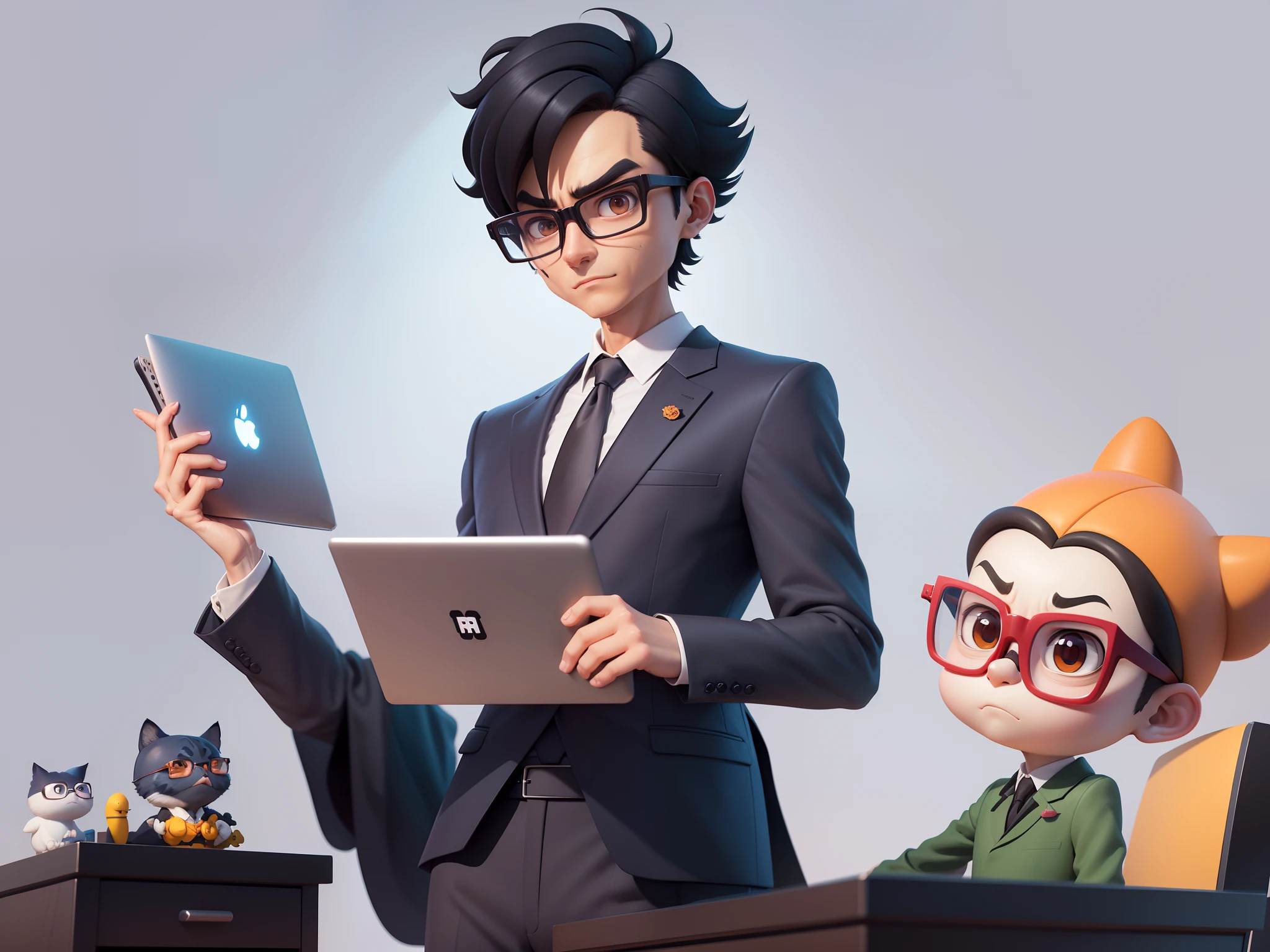 A young man in a suit, Short hair and glasses sat at his desk,holding laptop,digitial painting,tigre,3D character design by Mark Clairen and Pixar and Hayao Miyazaki and Akira Toriyama,4K HD illustration,Very detailed facial features and cartoon-style visuals。