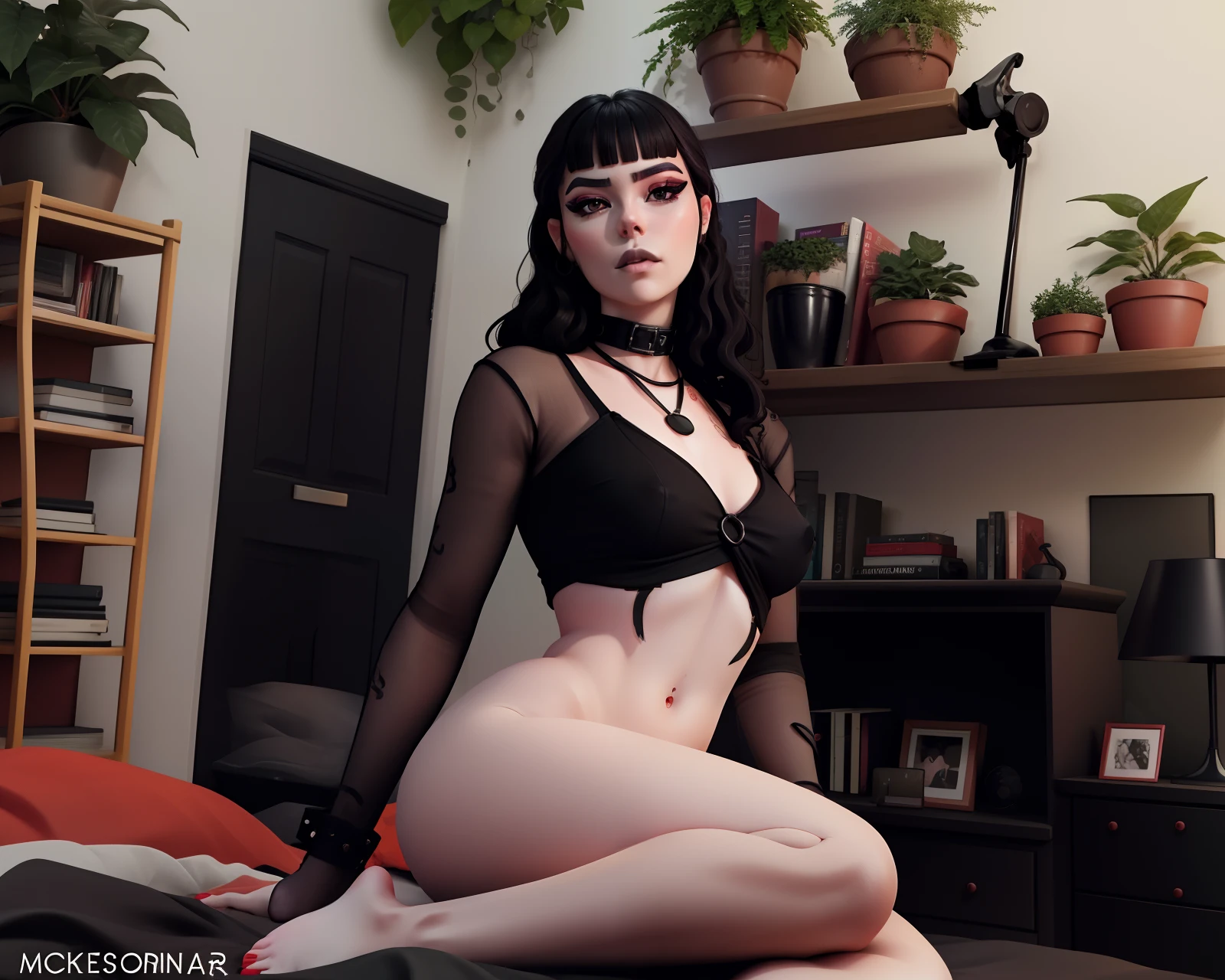 xyzphaedra, nsfw, 1girl, full body, makeup, bangs, black hair, black lips, red eyeshadow, closed mouth, plants,bedroom,bookshelf, messy