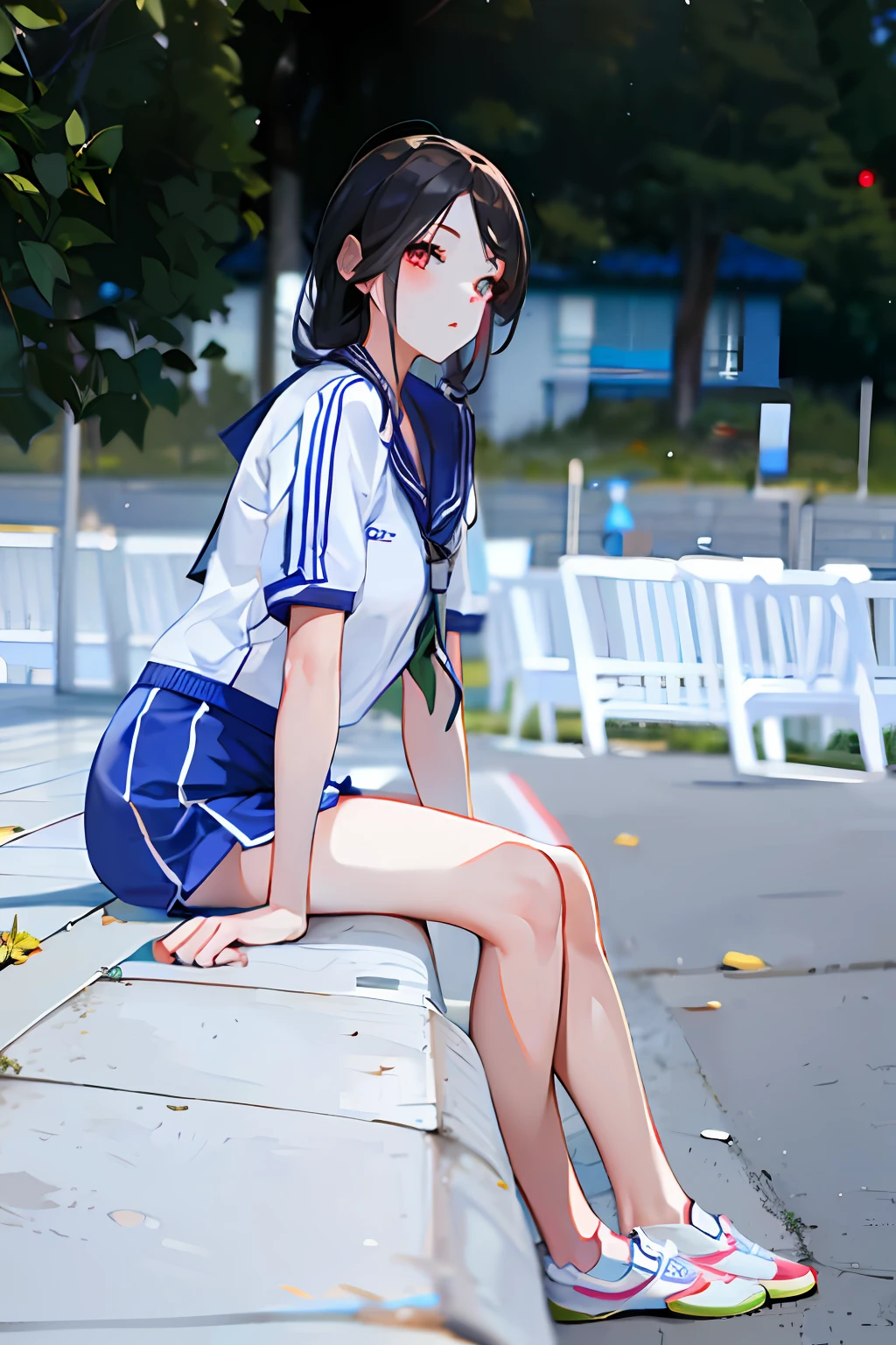 there is a woman that is sitting on a window sill，legs crossed, photo of slim girl model, Chinese girl, in school uniform, Korean girl, Sporty, photo of slim girl, very beautiful slim legs, pretty face with arms and legs, Attractive pose, Beautiful girl model, wearing a volleyball jersey, Long thin legs, wearing track and field suit，artbook style