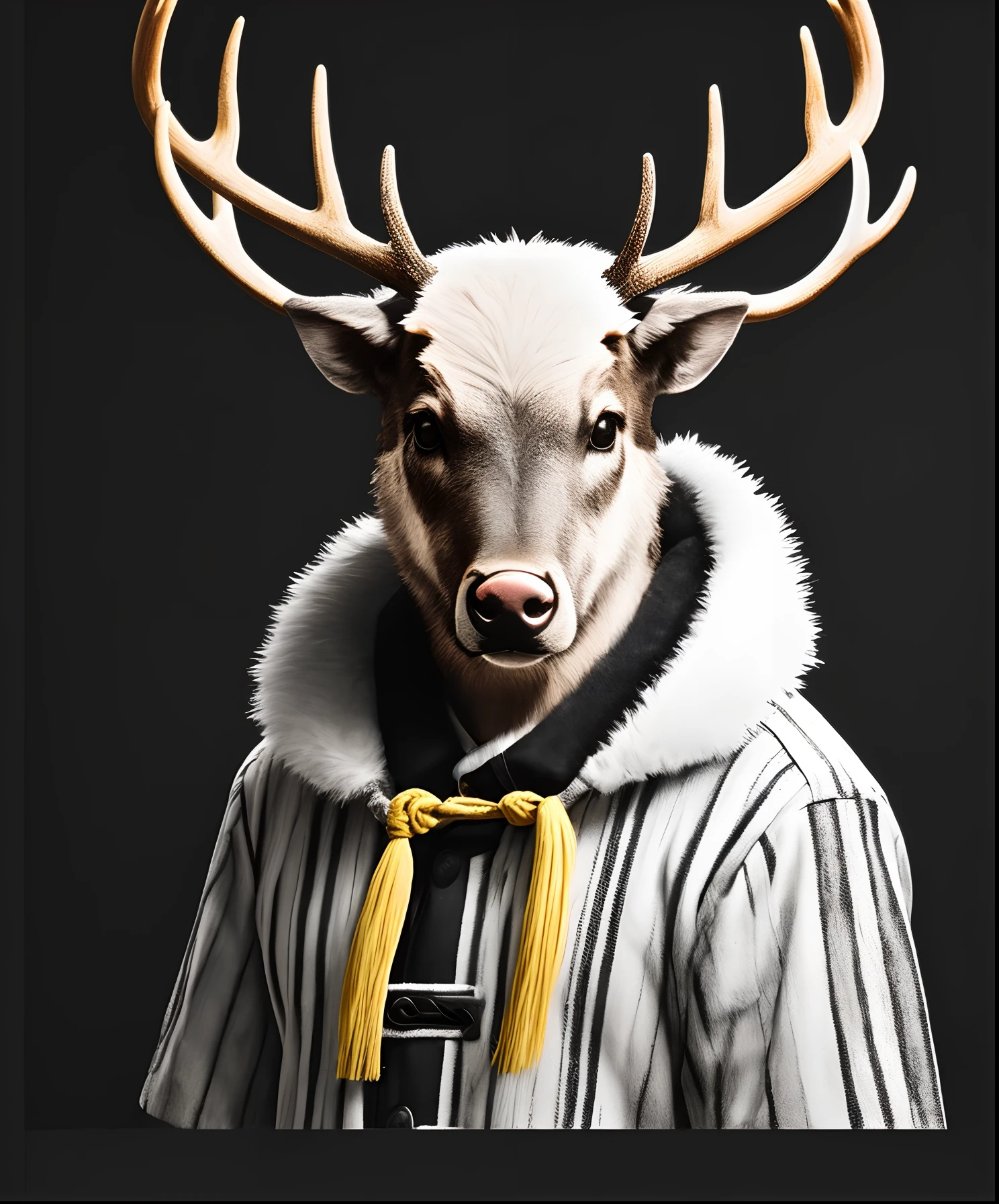 The upper part of the body,Chinese style black background white striped hip hop style coat,With pigtails,The head is a handsome buck,Antlers of the majestic shore