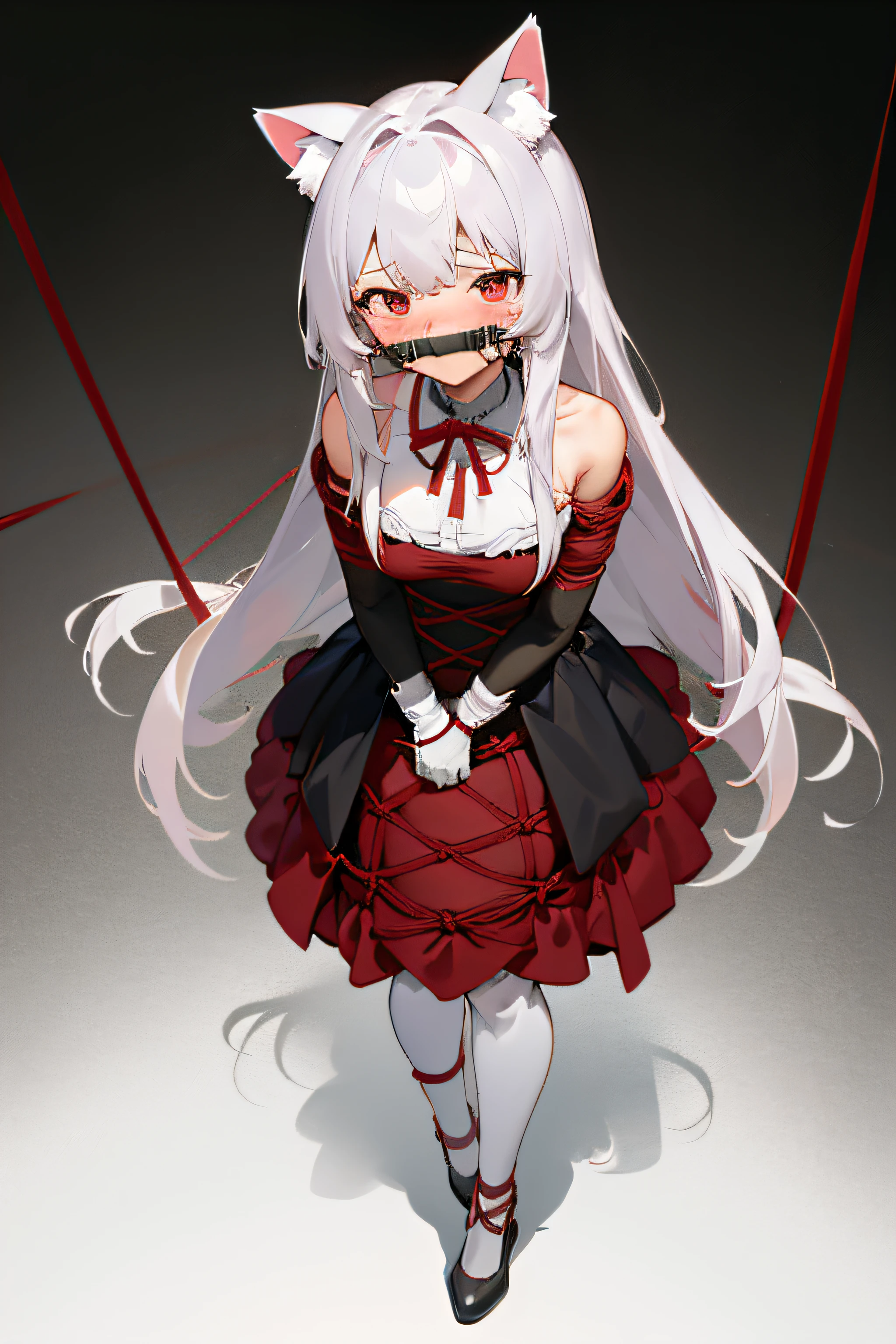 (Highest picture quality), (Master's work), (Detailed eye description), (8K wallpaper),(Detailed face description),on the bed
(imid shot:0.95), (full body:1.25),(solo:1.4),(1girl:1.2),cute and beautiful,((veru long hair)),arms_behind_back, ball_gag, bdsm, bondage, bound, bound_ankles, bound_arms, bound_legs, bound_wrists, box_tie, breast_bondage, crotch_rope, gag, gagged, red_rope, restrained, rope, shibari, shibari_over_clothes, tape_gag, shinomiya_kaguya, cloth_gag, improvised_gag, cleave_gag, tied_up_\(nonsexual\), bit_gag, suspension, bangs, frogtie, parted_bangs, tape, femdom, red_eyes, breasts, saliva, ribbon_bondage, nose_blush, white_legwear, dress, chained, looking_at_viewer, blush, 1girl, long_sleeves, ring_gag, spreader_bar, skindentation, looking_to_the_side, cat_ears, gloves, bare_shoulders, full_body, drooling