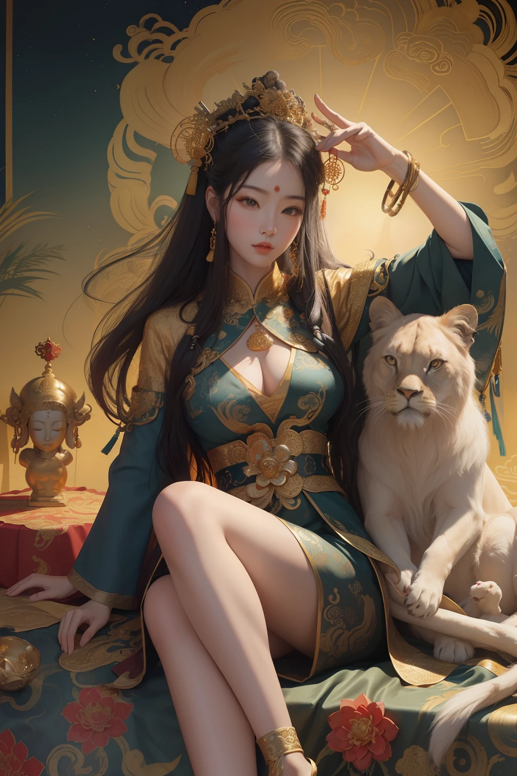 an ancient Chinese goddess, guanyin of the southern seas, Guanyin, Inspired by China, Avalokiteshvara rides a lion，,Serene expression,shui mo hua,Buddha,Buddhist,Lotus,Chinese painting style,Thangka style