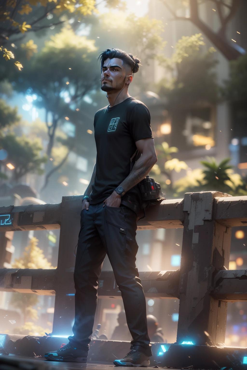 ((Best Quality)), ((Masterpiece)), (Very Detailed:1.3), 3D, Beautiful (Cyberpunk:1.3) Male hacker, Mohican hairstyle, kneeling on the ground, thick hair, operating computer terminals, head-mounted displays, computer servers, LCD screens, fiber optic cables, company logos, HDR (High Dynamic Range), ray tracing, NVIDIA RTX, Super Resolution, Unreal 5, Subsurface scattering, PBR textures, post-processing, anisotropic filtering, depth of field, Maximum sharpness and sharpness, multi-layered textures, albedo and highlight maps, surface shading, accurate simulation of light-material interactions, perfect ratios, octane rendering, duotone lighting, low ISO, white balance, rule of thirds, wide aperture, 8K RAW, efficient sub-pixels, subpixel convolution, luminous particles, dynamic pose