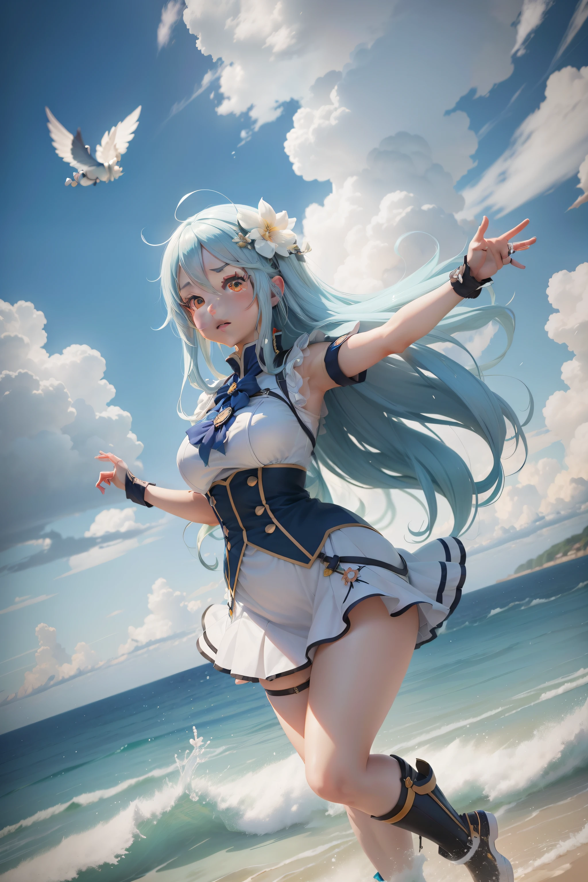 Anime girl with long white hair flying in the sky with a flower, aqua from konosuba, konosuba, konosuba anime style, Anime goddess, , anime best girl, An anime cover, small curvaceous loli, Anime moe art style, Kantai collection style, azur lane style, anime visual of a cute girl,Beth