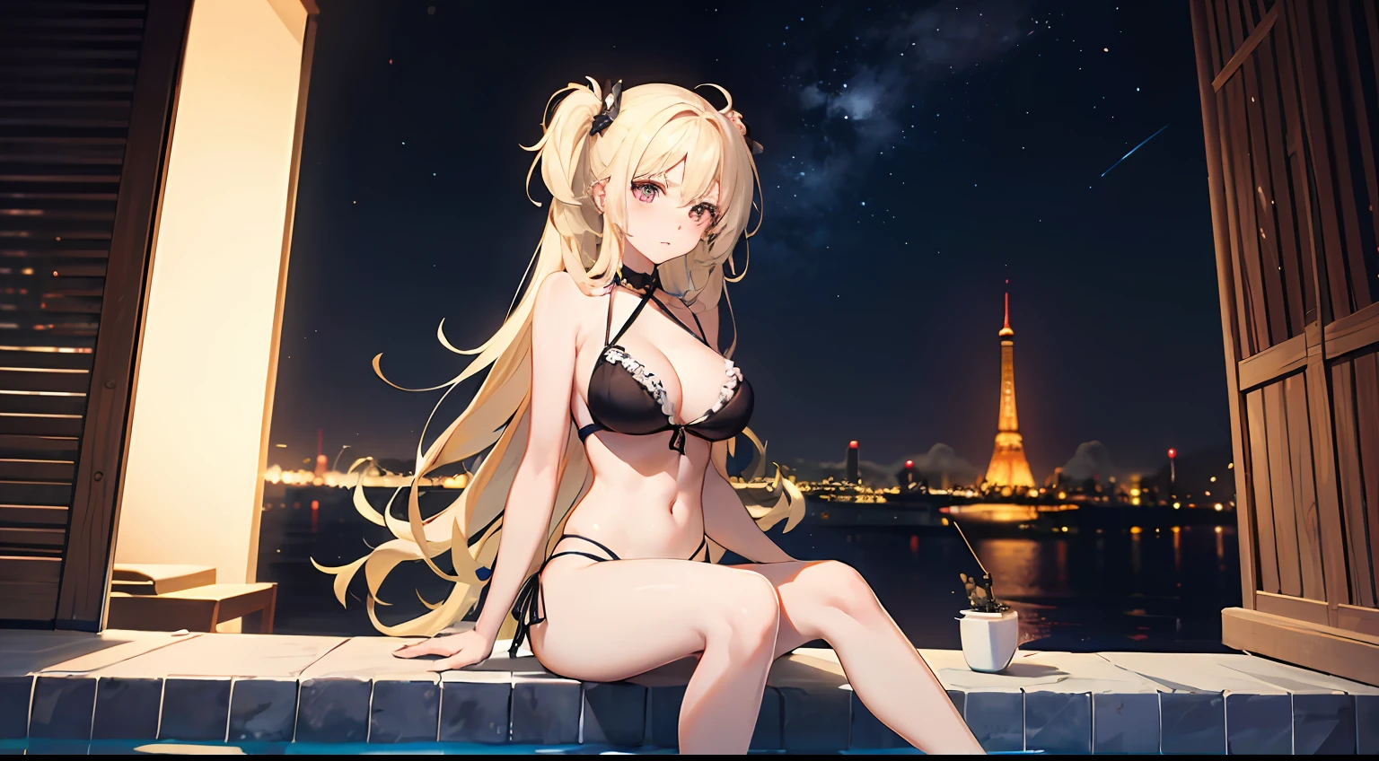 ((Best Quality)), (Ultra-detailed), ((Extremely detailed)), (Beautiful), ((Kawaii Girl)),(two side up hair).,Platinum Blonde Hair,Long hair, hair between eye, Wavy Hair, Long sideburns,Jade-colored eyes, White skin,Normal Chest,Slender body,Cross Halter Bikini,Sandals,background a pool, Night, Night view of New Tokyo City, Starry sky, Neon light,,Look Camera