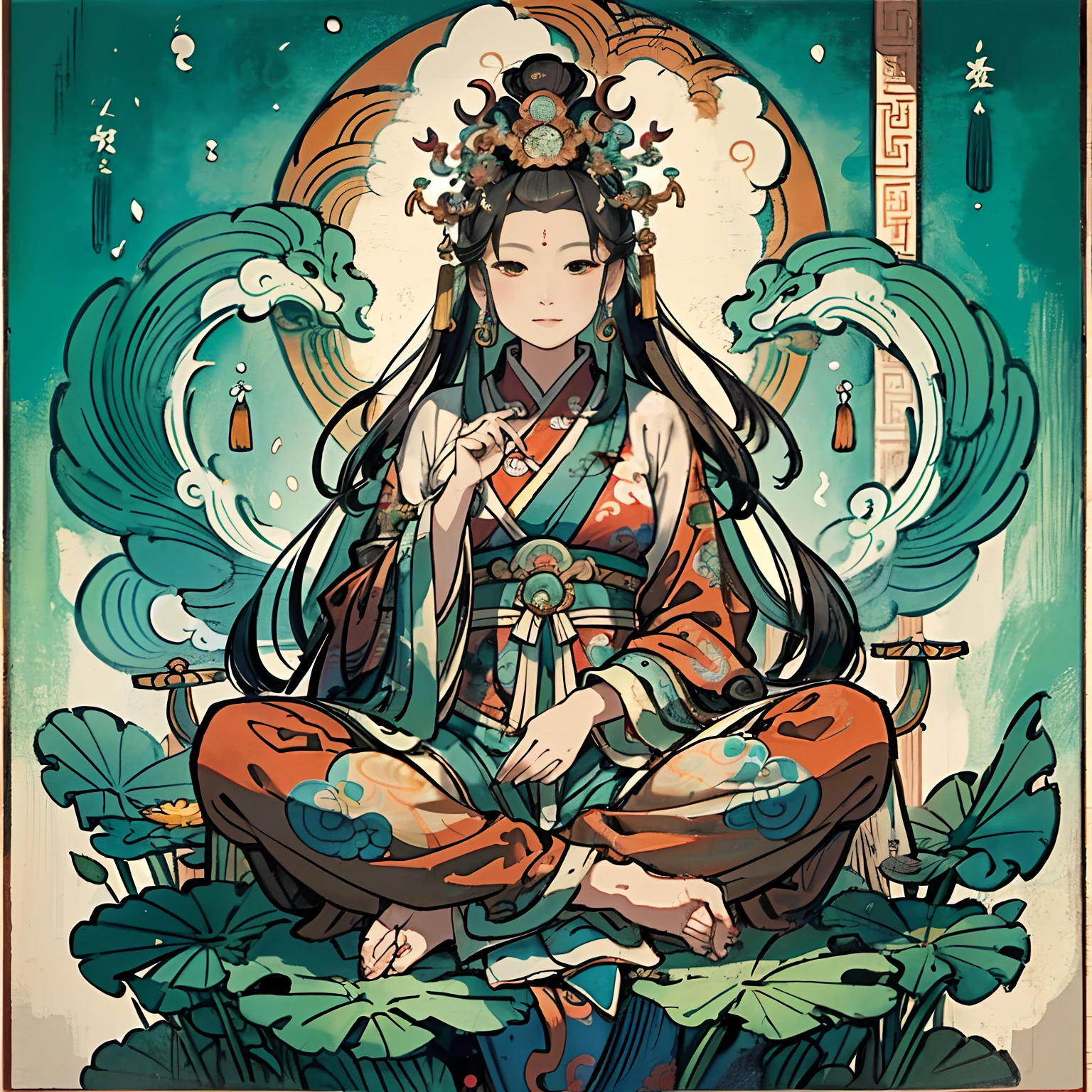 an ancient Chinese goddess, guanyin of the southern seas, Guanyin, Inspired by India, Avalokiteshvara rides,,Serene expression,shui mo hua,Buddha,Buddhist,Lotus,Chinese painting style,Thangka style