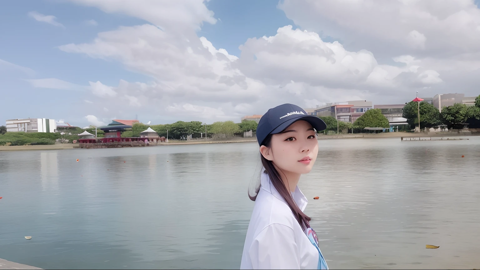 In the park by the lake,A woman stands in front of a body of water,The lake is crystal clear in the background,Kim Yiwei style,Inspired by nature。
