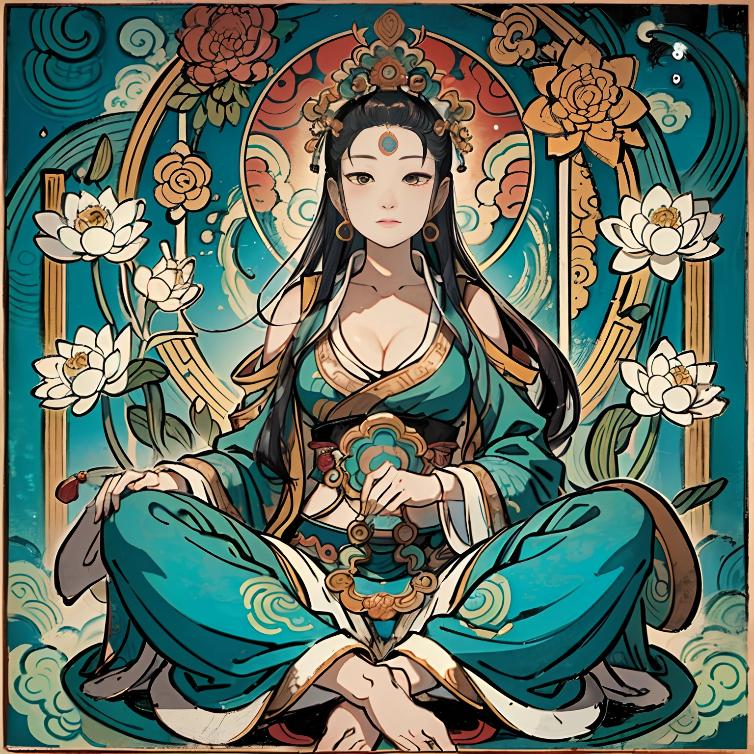 Woman sitting on a lotus,guanyin of the southern seas,Guanyin,contented female bodhisattva,jade sculpture,bodhisattva,queen of the sea mu yanling,serene,Serene expression,shui mo hua,Buddha,Buddhist,Lotus,Chinese painting style,Thangka style