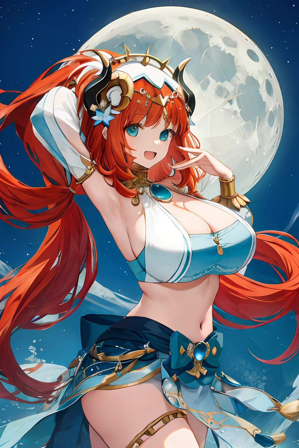 (Realistic painting style:1.1), tmasterpiece, best qualityer, hoang lap, nilou (Neither a flower nor a fog) (genshinimpact), Aqua Eye, nilou (genshin impact), Fake Horns, 1girll, 独奏, red hair, veils, ssmile, themoon, long whitr hair, crop top, jewely, banya, natta, Bracers, brooch, longer sleeves, Fluffy long sleeves, looking at viewert, a skirt, By bangs, double tails, Eau, Fluffy sleeves, Skysky, neck rings, with her mouth open, :d, moon full, nigh sky, florals, harem outfit, Golden decoration, Separate bangs, Arms up, gigantic cleavage breasts, circle of the crone, exteriors, blue skirts, hair adornments, Separate the sleeves, Low Twin Tails, Floating hair, Pedras preciosas, hair flower, blue gem, Hands up, hoofer, white headgear, gigantic cleavage breasts, stomach, gnome, cow boy shot, blue bow, Very long hair,gigantic cleavage breasts,semi-bare,Sexy big ass,Fiddling with sexy ass,Expose sexy breasts,The kinky is exposed ,Protruding anteriorly and posteriorly