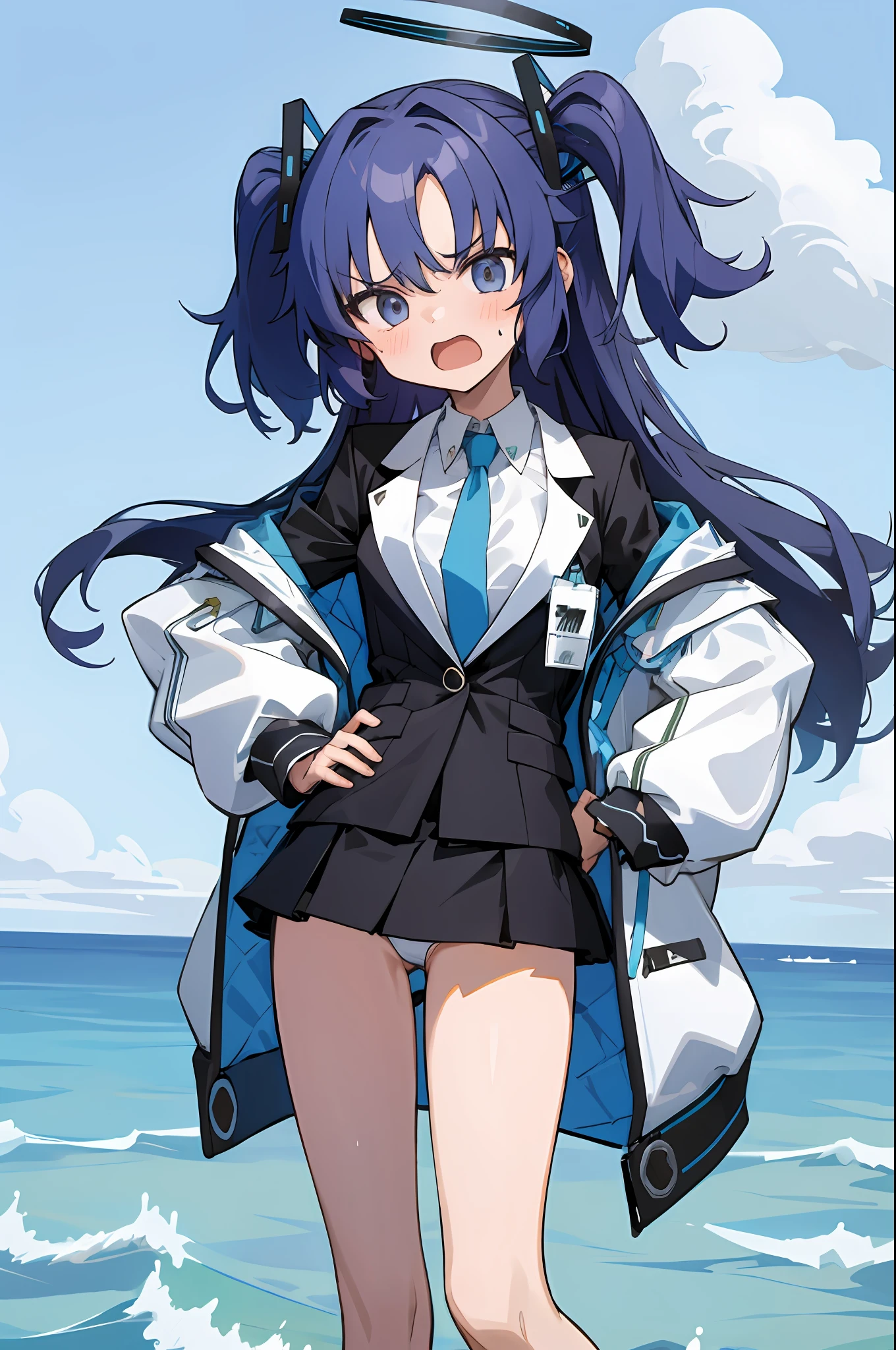 masterpiece, top-quality, ultra-detailliert, 1girl in, yuuka, default, white jaket, Black jacke, is standing, put hands on the hip, a miniskirt, angry, open open mouth, in beach、swim wears