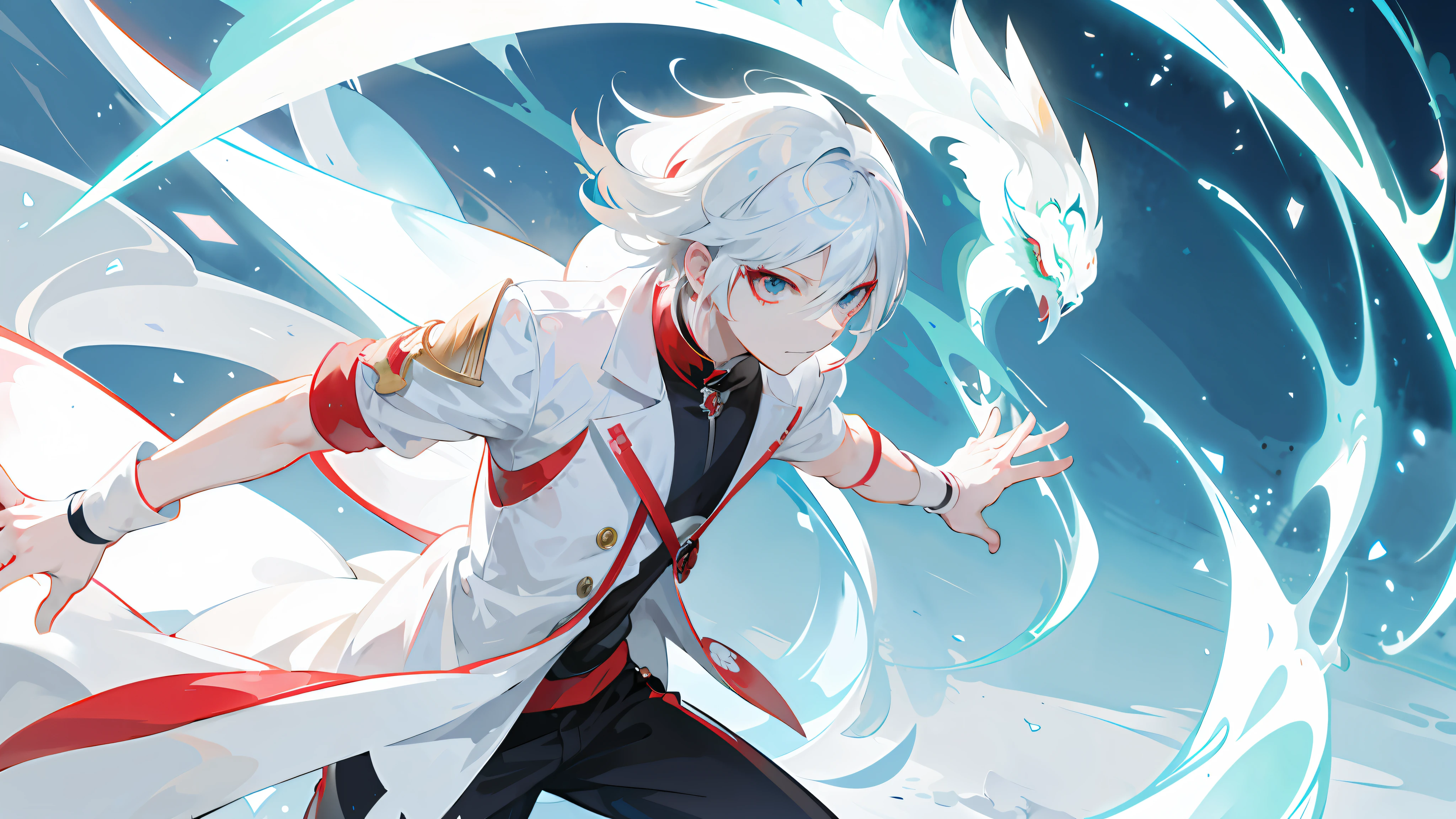 anime character with white hair and red and white outfit running through a wave, keqing from genshin impact, nagito komaeda, best anime 4k konachan wallpaper, anime art wallpaper 8 k, anime style 4 k, white haired, zerochan art, white haired deity, high quality anime artstyle, key anime art, epic anime style