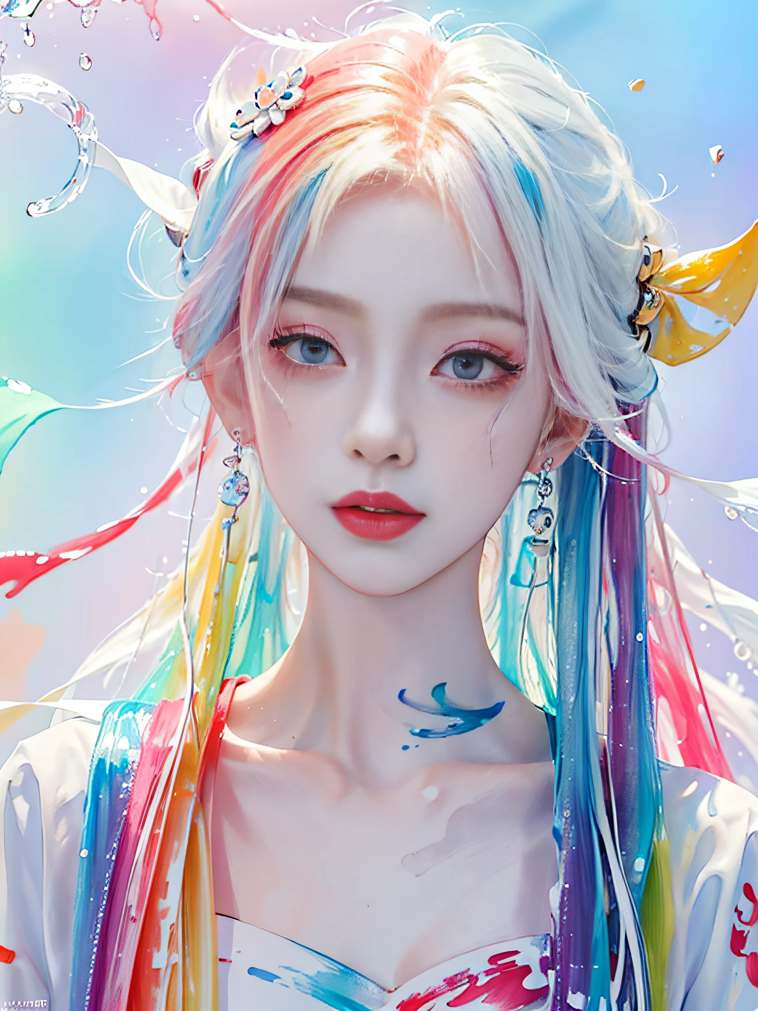 (Masterpiece, Best Quality, High Resolution), White Background, ((Paint Splash, Color Splash, Splash of Ink, Color Splash)),, Sweet Chinese Girl, Rainbow Hair, Peach Lips, Front, Upper Body
