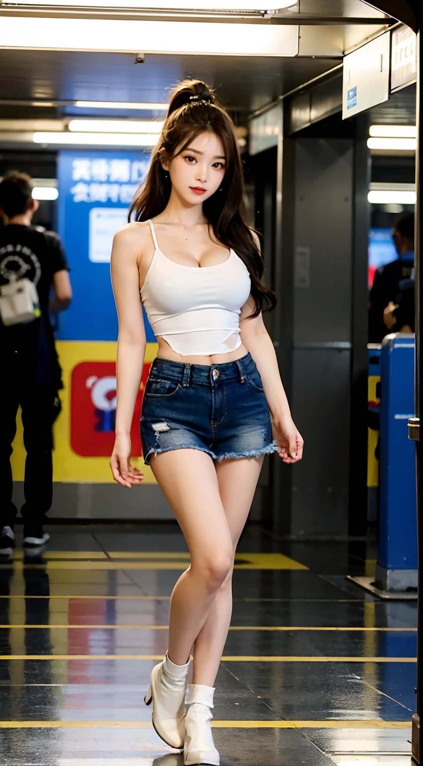 (master piece:1.5),(8K high image quality), (top-quality), (RAW image quality), (Very bright photos), (Photographed by a professional photographer)),largeeyes,long eyelasher,,The Ultimate Face,face realistic light,Clear facial features,milky skin, Realistic skin details,),Best portraits,Close-range shooting, only one adult female, (Adult beauties,30-years old),Beautiful detailed eyes, beautiful detailed nose ,(Beautiful face with double eyelids), (3/4 Length),(30-years old),(Beautiful Face 1.4),A slender,(Please wear short T-shirts and hot pants:1.2),((Make your audience smile)),Straight long hair,Lame around the eyes,lipsticks,耳环,((The color of the short T-shirt is white.)),Very beautiful legs,(((In the subway,))),((Smile at your audience)),Very simple short T-shirt and hot pants.,Smile without opening your mouth,((Shooting angle from the front)),,Undersized breasts,(Make eye contact with your audience),(stand up),Very beautiful figure,((Assuming Seductive Poses)),(Standing),(No bra,Prominent nipples),Small,(This is an armpit-showing pose,realistic armpit,Show your armpits)