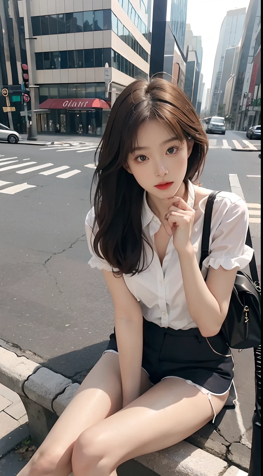 best qualtiy, Full body like,Refined face,pretty face,25 years old woman,slimfigure,Smaller bust,office lady uniform,Office wear,Lace top,Clear shorts,Outdoor Scene,Sit Pose