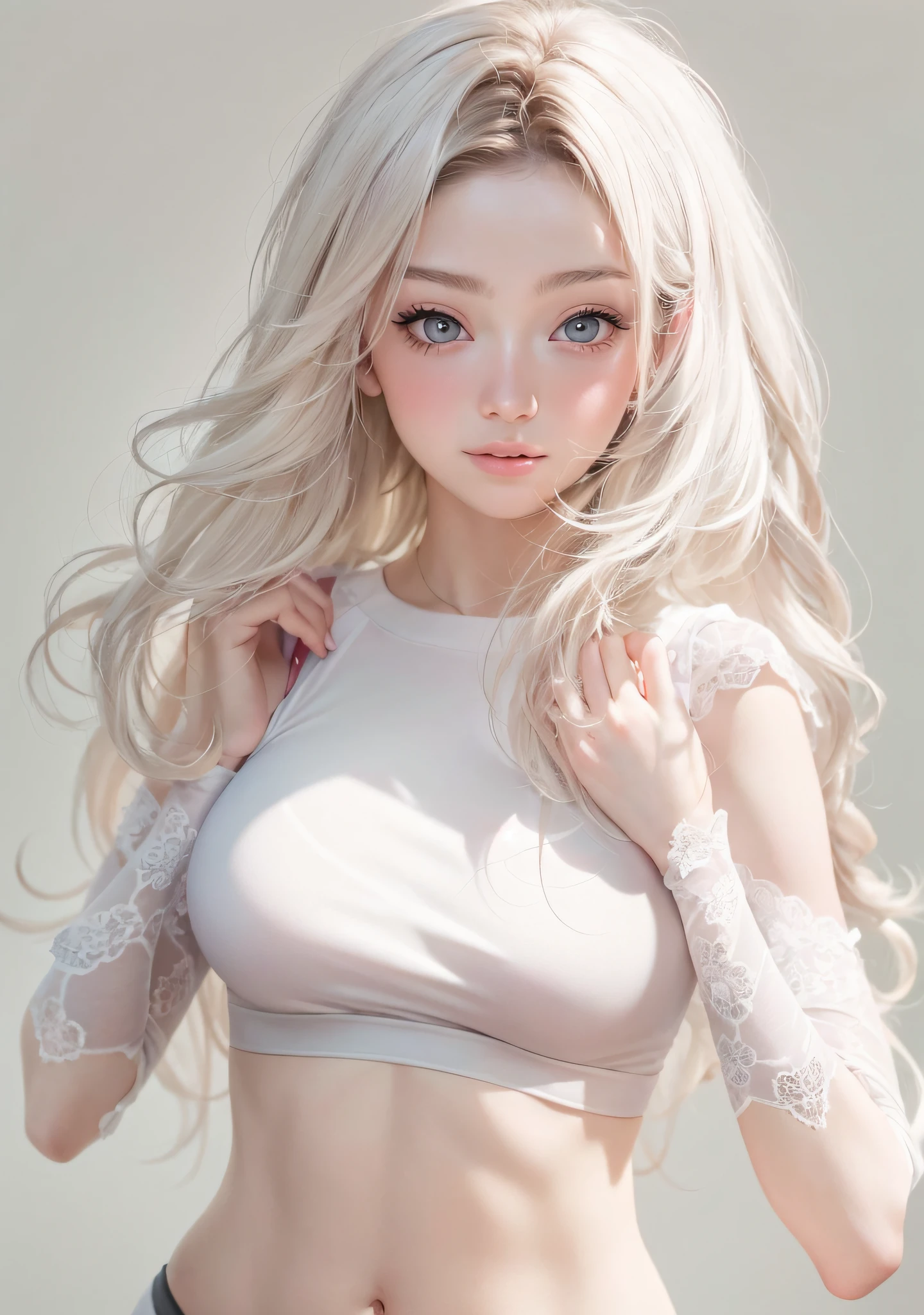 Woman with ,golden curly hair,Blue eyes,white fox ears,,in a white latex micro bikini,slender,narrow waist,small chest