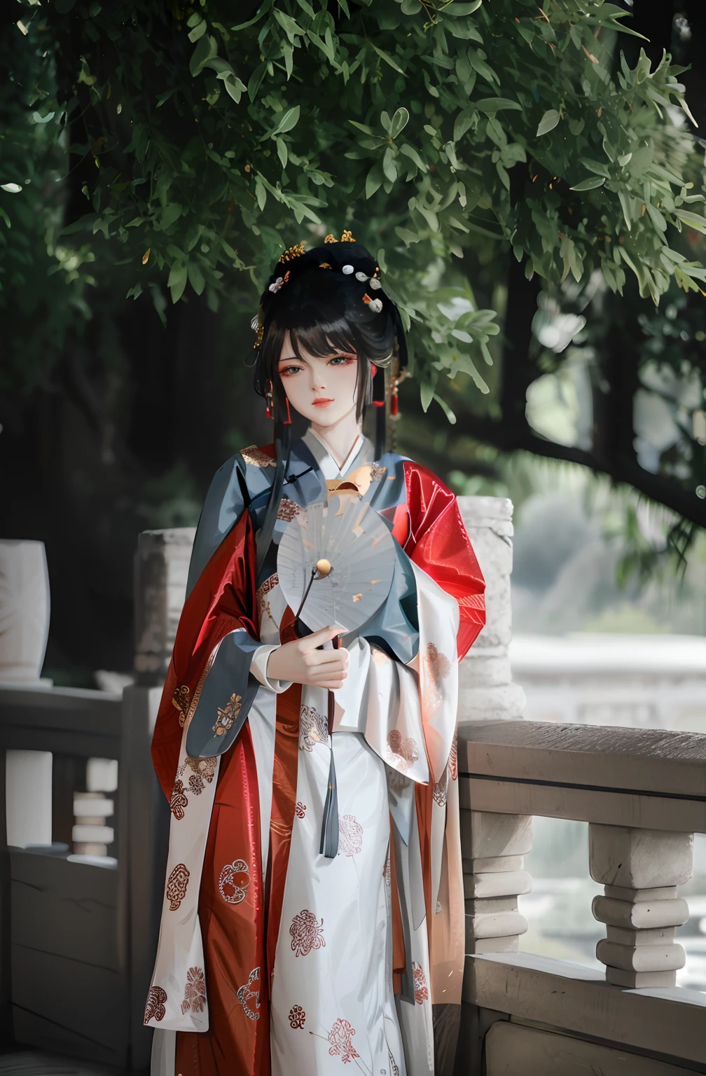 There is a woman in a kimono dress holding a fan, Palace , A girl in Hanfu, Wearing ancient Chinese clothes, Hanfu, Chinese costume, Traditional Chinese clothing, Princesa chinesa antiga, Anime girl cosplay, White Hanfu, Anime cosplay, with acient chinese clothes, Chinese traditional, wearing ornate silk clothes, ancient chinese beauti, Traditional beauty