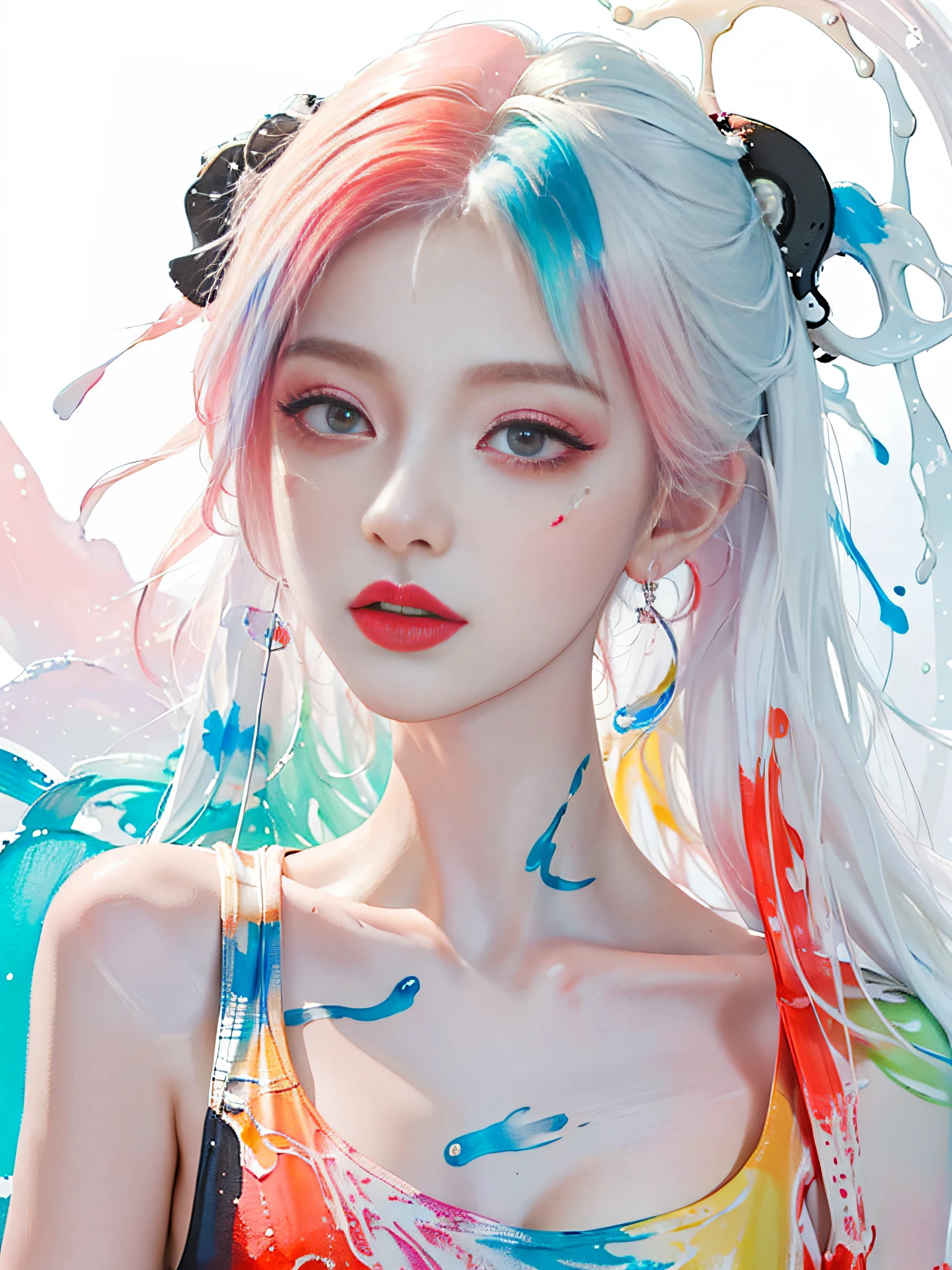 (Masterpiece, Best Quality, High Resolution), White Background, ((Paint Splash, Color Splash, Splash of Ink, Color Splash)),, Sweet Chinese Girl, Rainbow Hair, Peach Lips, Front, Upper Body