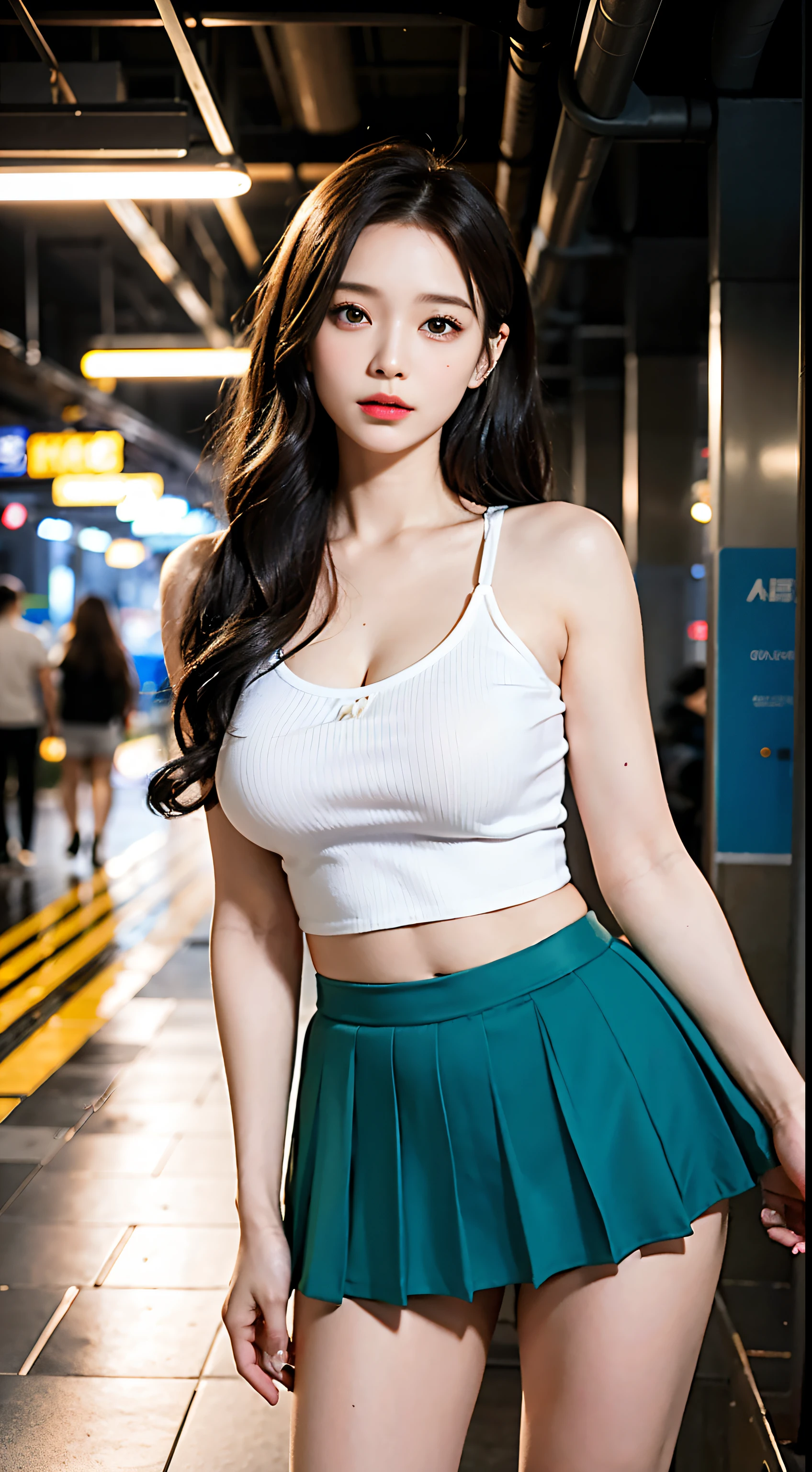 (realisticlying, high resolucion;:1.3), 1 girl with a perfect body, super fine face and eyes,Long Whitr hair, Tank tops in random colors:1.2, mini-skirt, high-heel, tits huge,Cleavage exposure,(Eurasian jay:1.5)Masterpiece, best qualtiy, Raw-Photo, realisticlying, face, Unbelievably ridiculous resolution, depth of fields, high resolucion;, ultra - detailed, finedetail, very very detailed, extremely detailed eyes and face, sharp pupils, Realistic student, Clear Focus Lock, cinematic lightings, Whole body, Pretty legs, In the subway, Division between the legs