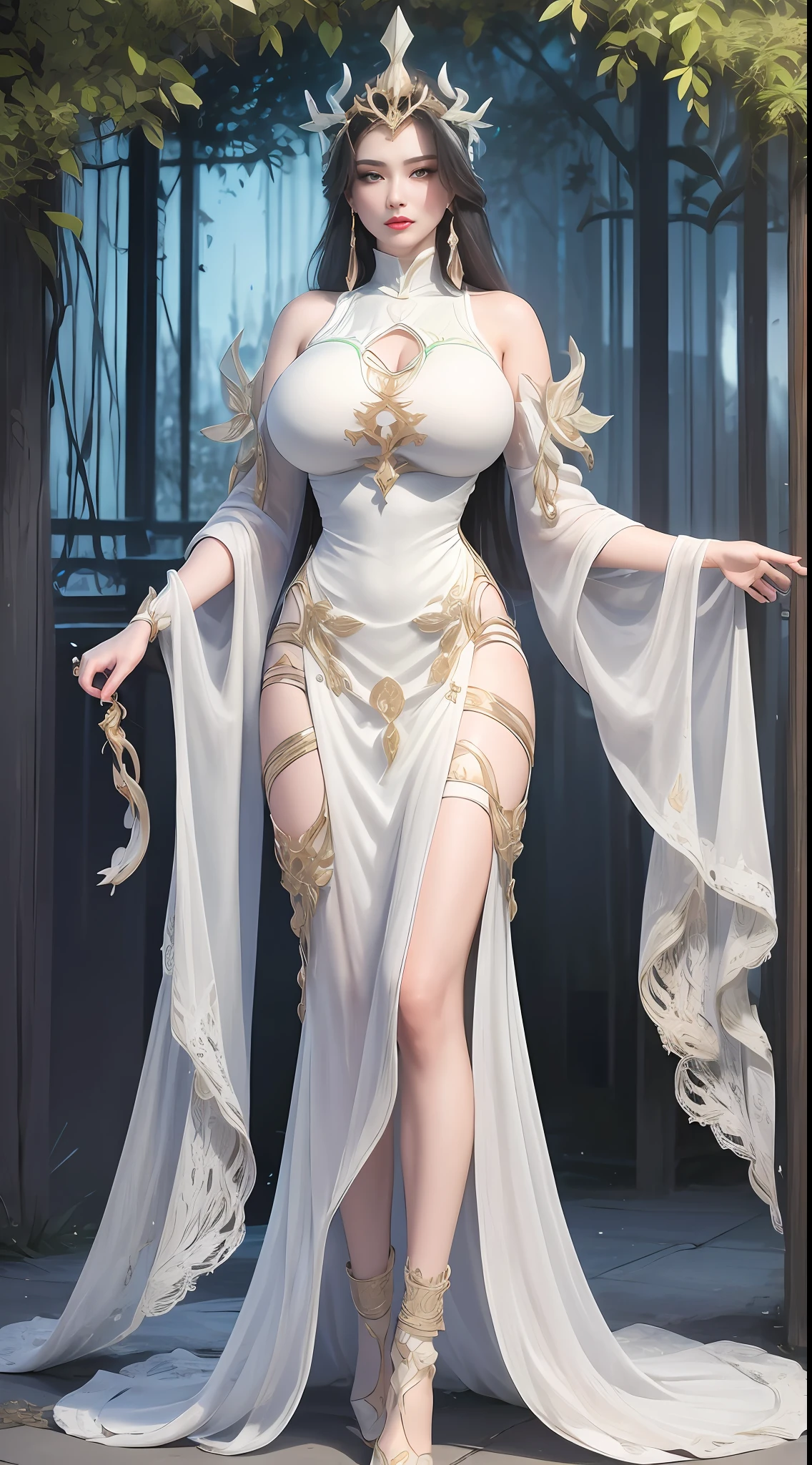 ultra realistic 8k cg, flawless, clean, masterpiece, professional artwork, famous artwork, cinematic lighting, cinematic bloom, perfect face, beautiful face, fantasy, dreamlike, unreal engine 5, science fiction,   lace, lace trim, lace-trimmed legwear, luxury, jewelry, diamond, gold, pearl, gem, sapphire, ruby, emerald, intricate detail, delicate pattern, charming, alluring, seductive, erotic, enchanting, hair ornament, necklace, earrings, bracelet, armlet,autumn.
((,1girl, pov,best quality,))  ,((((,1girl,  solo, huge fake breasts:1.5, goddess dress, half body,  looking at viewer, standing))))