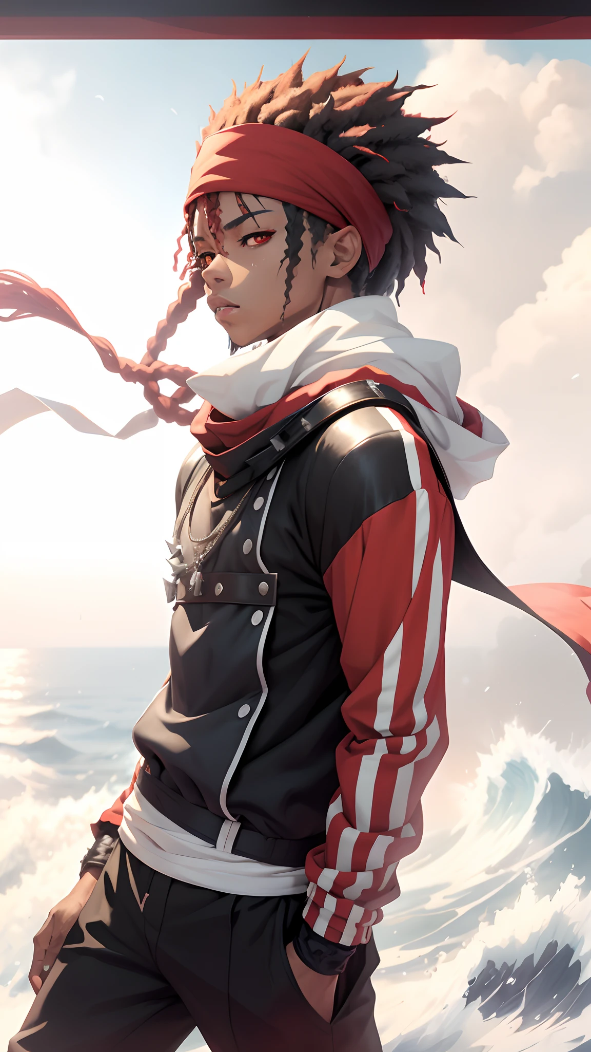 A light skinned mixed race African male with anime style spiked back hair, Red sleeves and hands in pockets, a red sweat band with a black line going down the side and a white line going down the side on the sweat band, with a long white shinobi scarf flowing in the wind standing in a dream like world standing on water on an endless sea horizon with endless clouds floating above, red eyes, red anime style spiked hair bangs in the front over the forehead, highest photo realistic