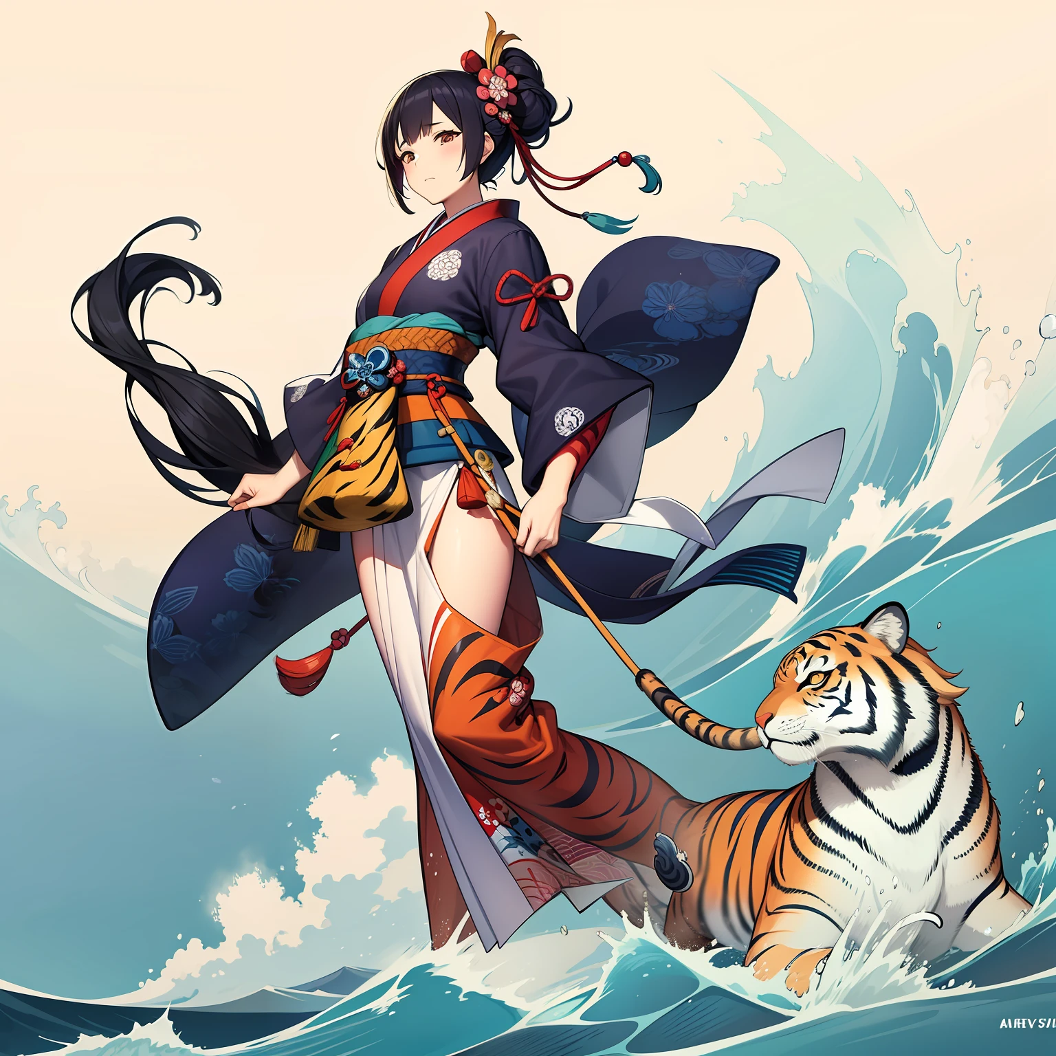 ukiyoe painting、Hokusai、Rough seas、1 Kannon、Yellow-feathered goromo、Blue gradient background、a tiger、Standing、Gasso